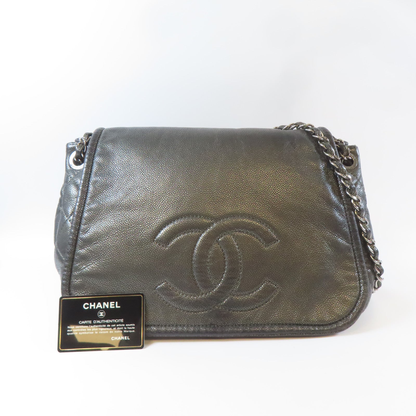 CHANEL 【激減優惠】牛皮皮革Chain Shoulder Bag銀扣鏈帶肩背袋灰色