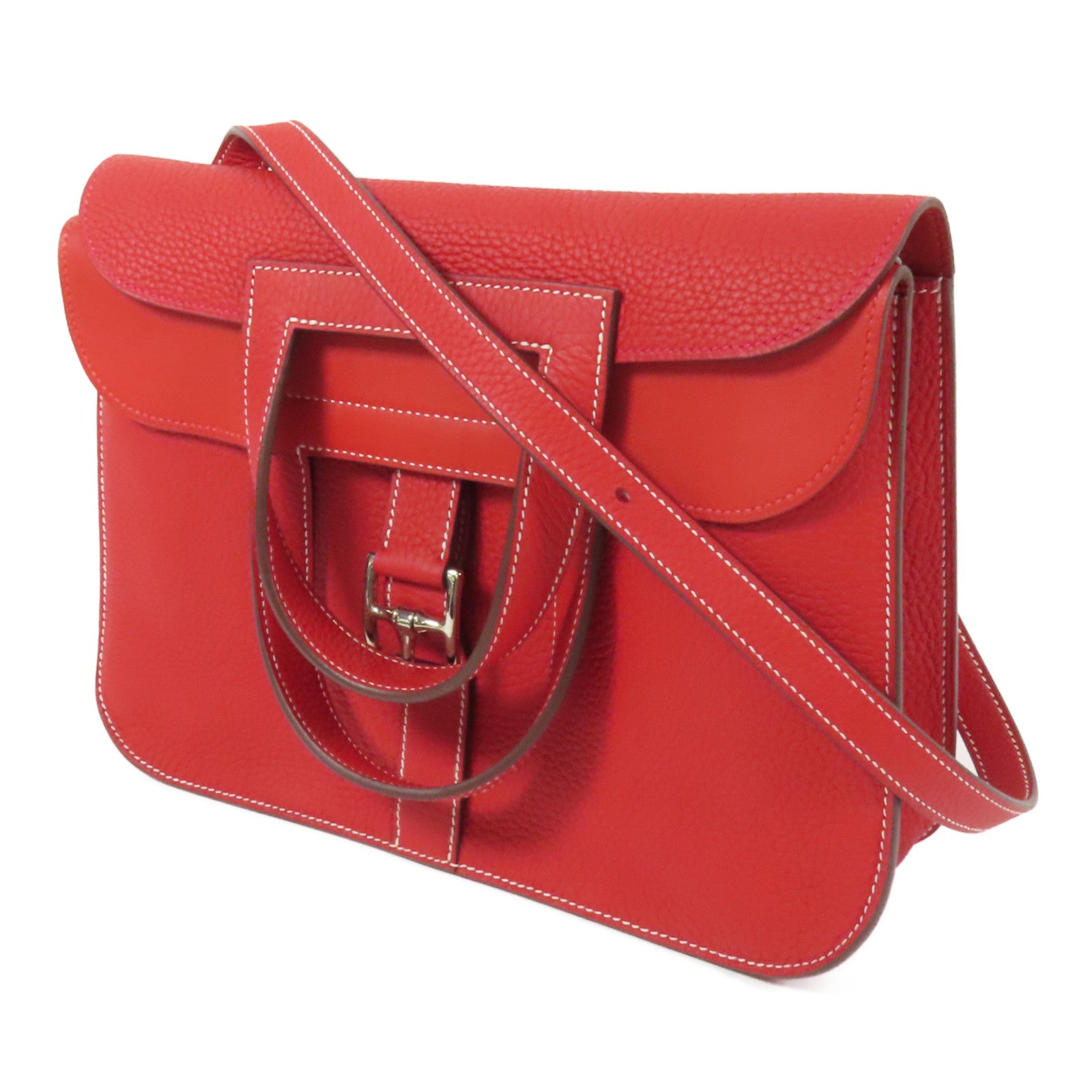 HERMES Clemence皮革Halzan 31銀扣手挽肩背兩用袋Rouge Casaque