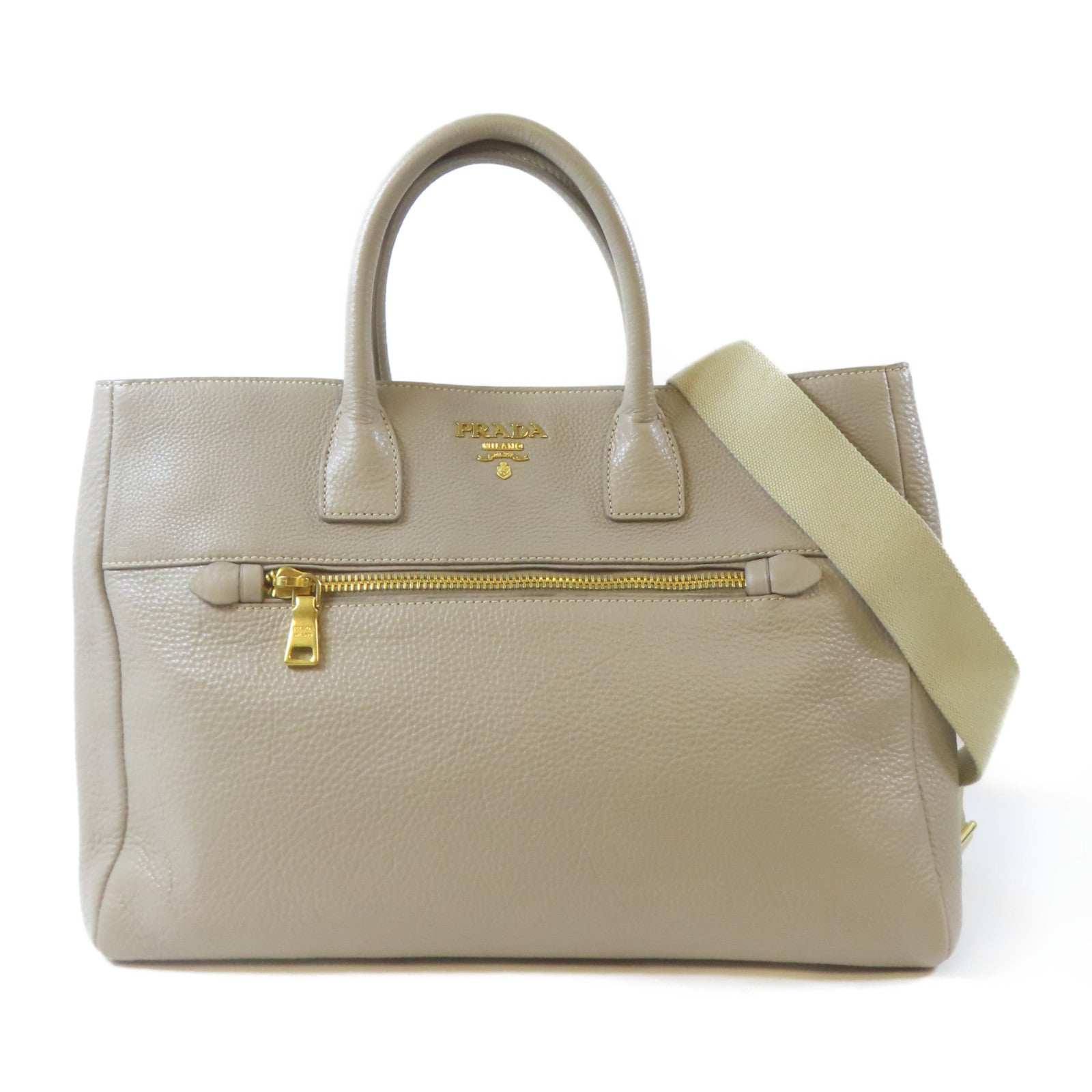 PRADA 牛皮皮革Vitella Daino Tote金扣手挽肩背兩用袋淺褐色