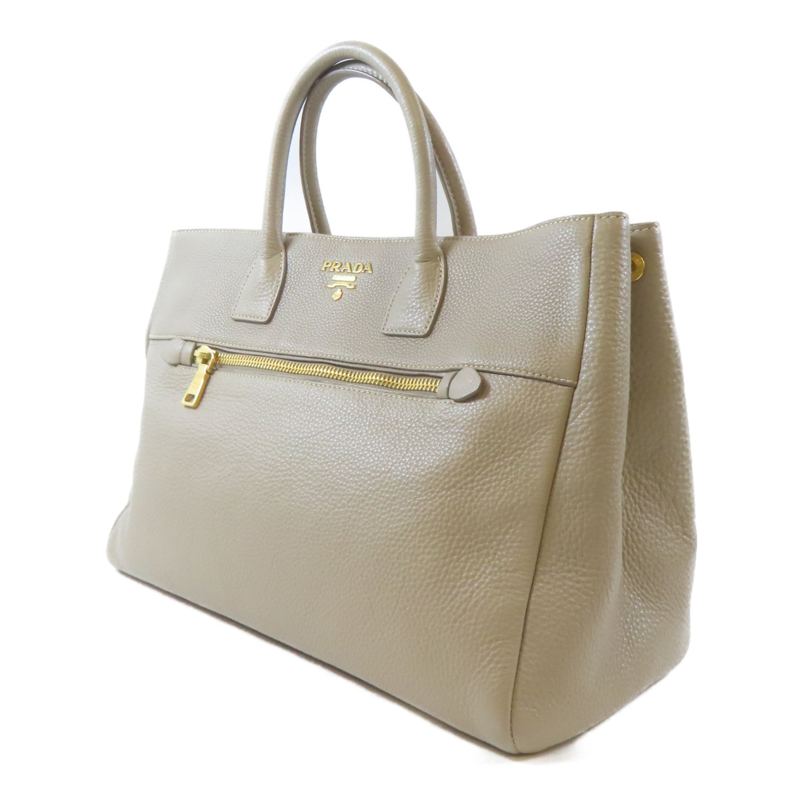 PRADA 牛皮皮革Vitella Daino Tote金扣手挽肩背兩用袋淺褐色