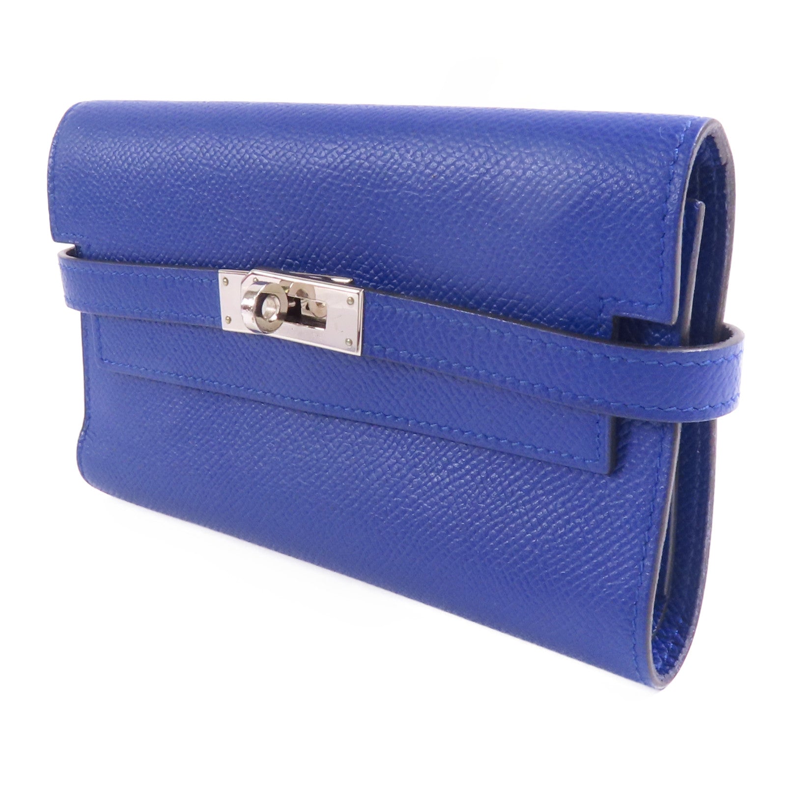 HERMES Epsom皮革Kelly Wallet銀扣長錢包Bleu Electrique