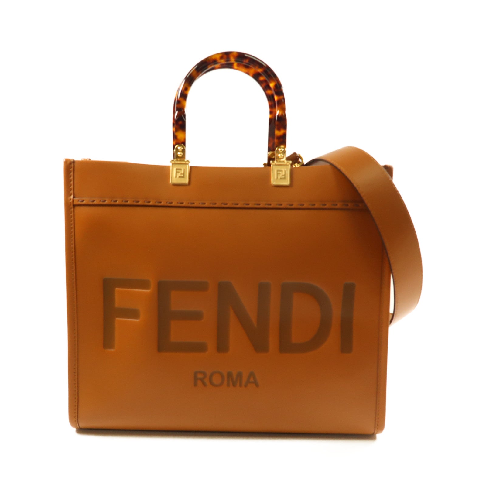 FENDI 牛皮皮革Sunshine Tote金扣手挽肩背兩用袋啡色