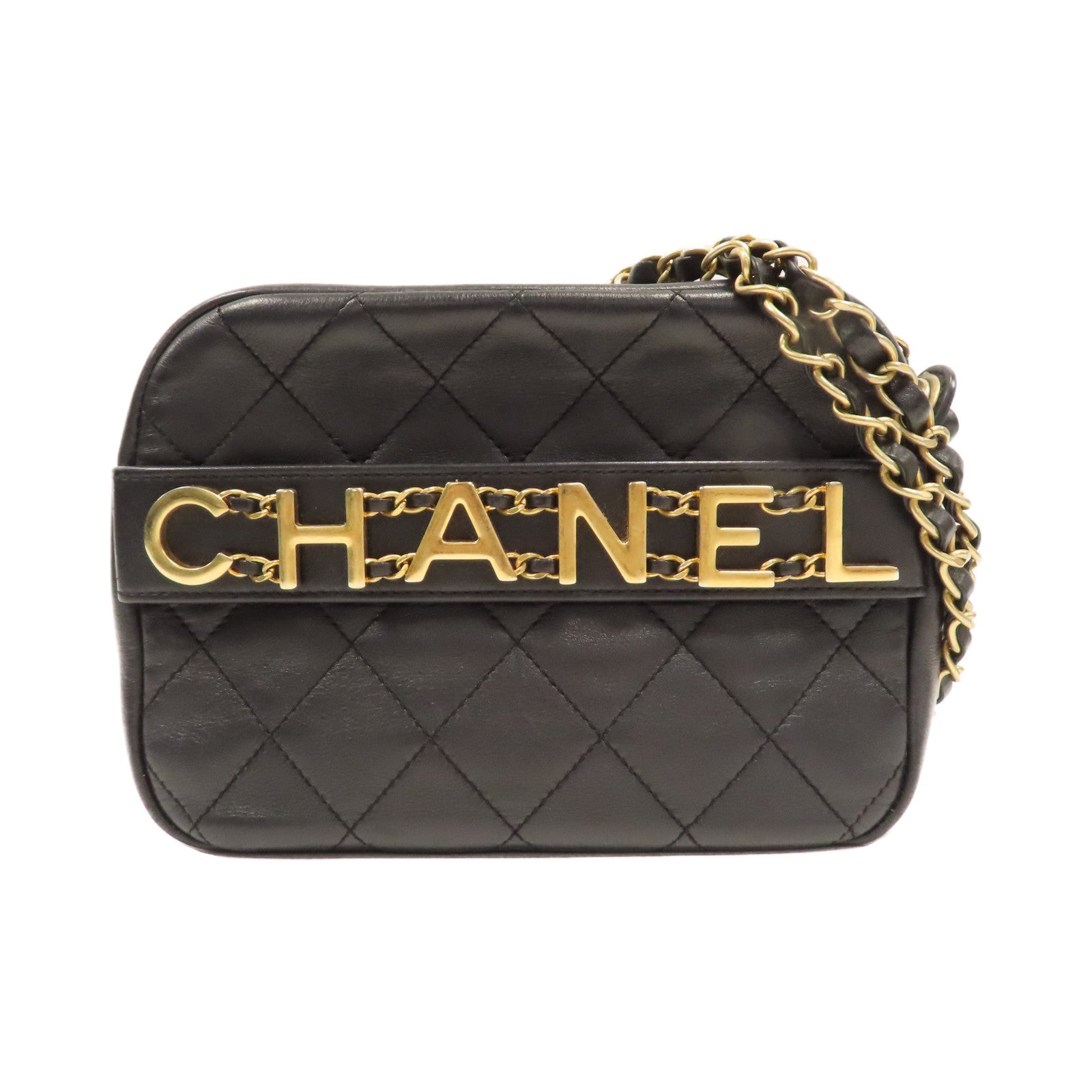 CHANEL 【激減優惠】菱格皮革Enchained Camera Bag金扣鏈帶肩背袋黑色