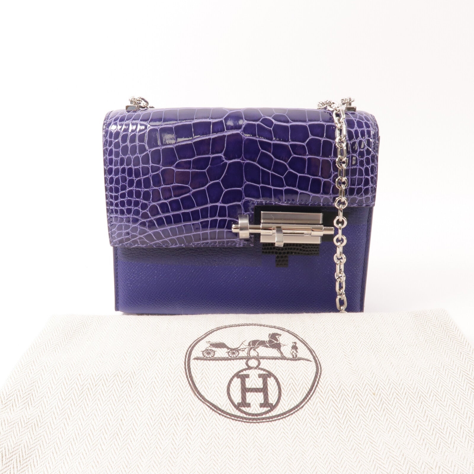 HERMES Epsom皮革/鱷魚皮革/蜥蝪皮革Mini Verrou肩背袋Bleu Electrique