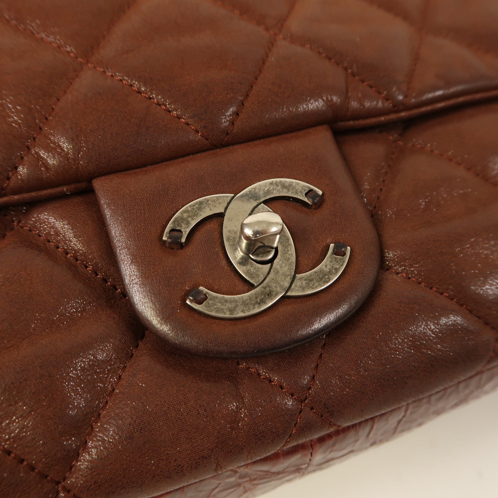 CHANEL 牛皮皮革Chain Shoulder銀扣手挽肩背兩用袋啡色