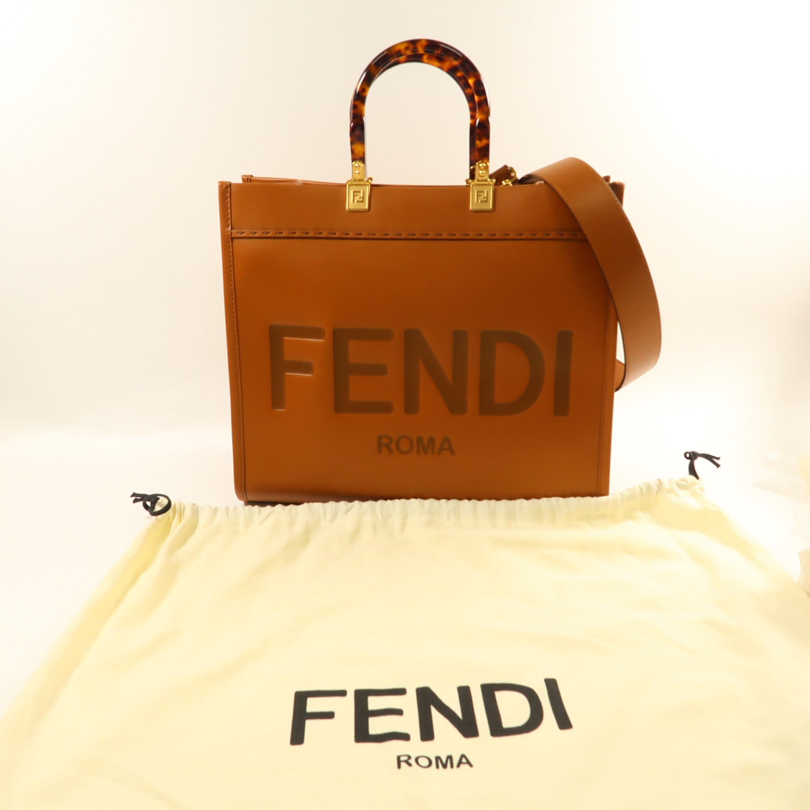 FENDI 牛皮皮革Sunshine Tote金扣手挽肩背兩用袋啡色