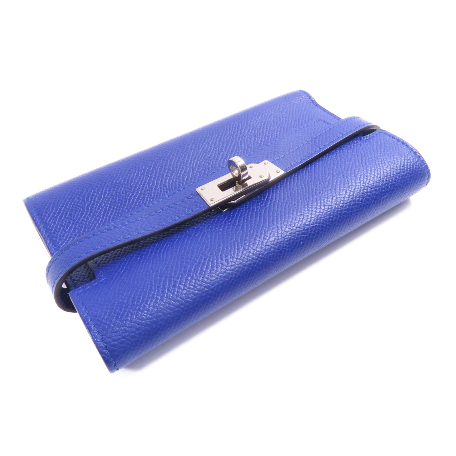 HERMES Epsom皮革Kelly Wallet銀扣長錢包Bleu Electrique