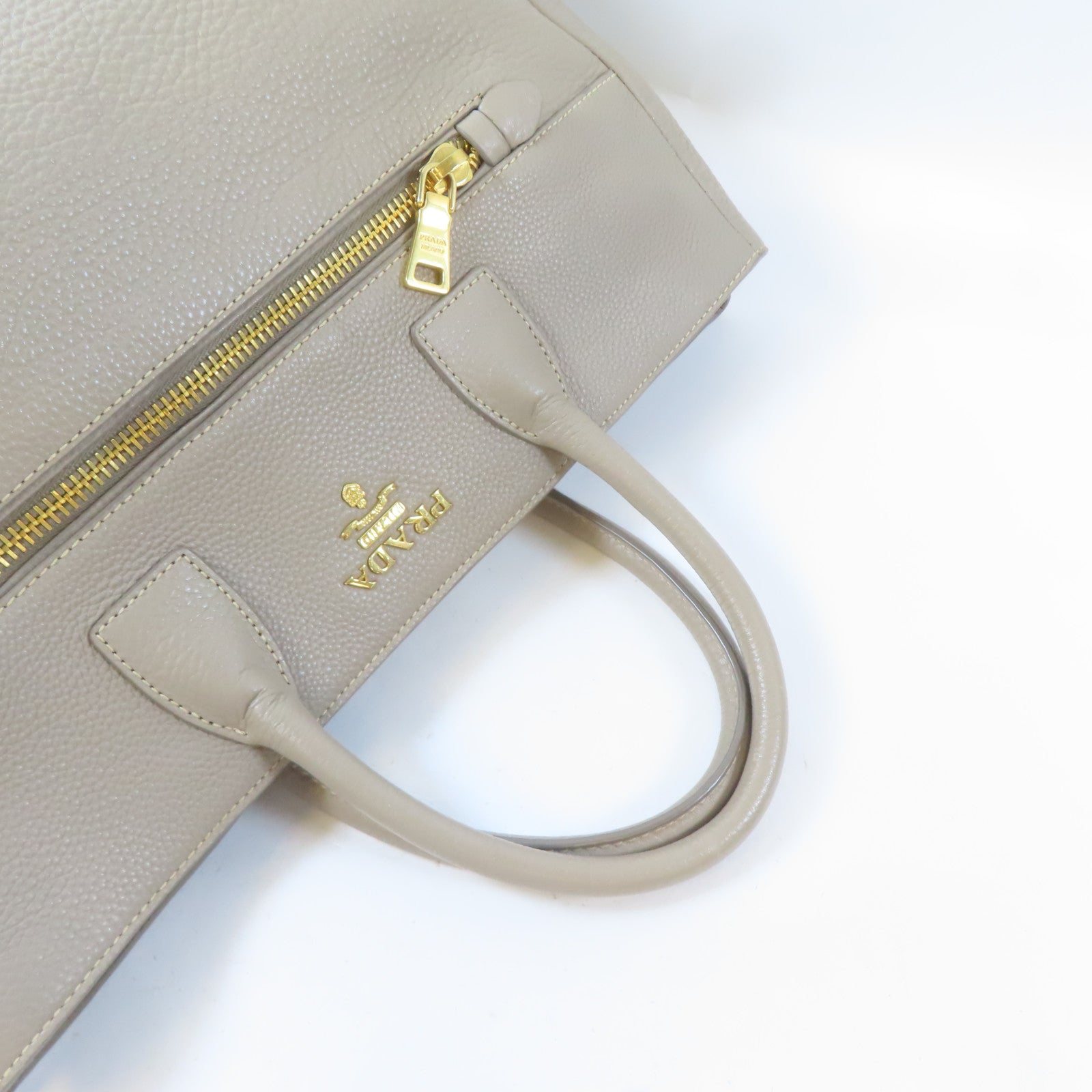 PRADA 牛皮皮革Vitella Daino Tote金扣手挽肩背兩用袋淺褐色