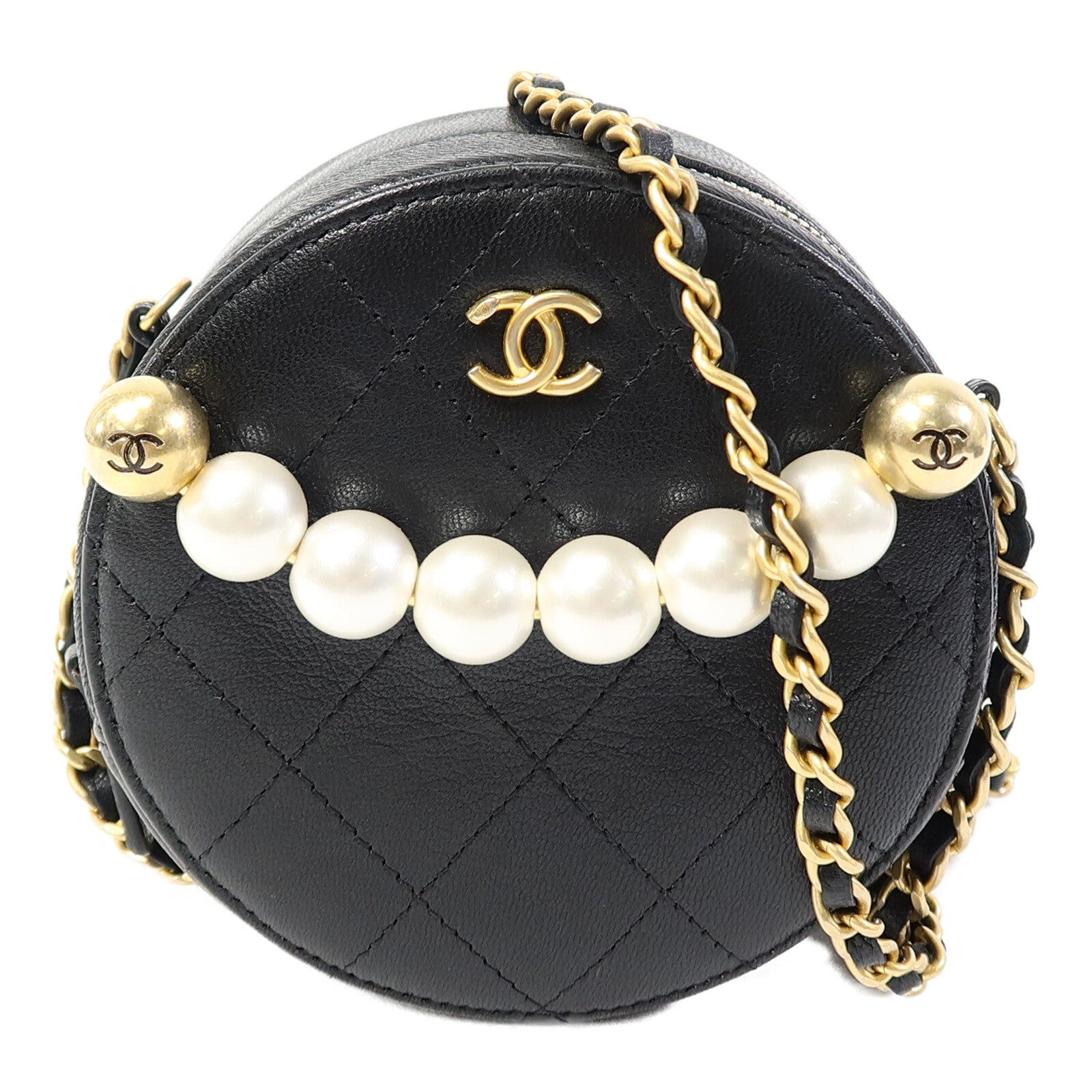 CHANEL 牛皮皮革Round Pear Bag金扣鏈帶肩背袋