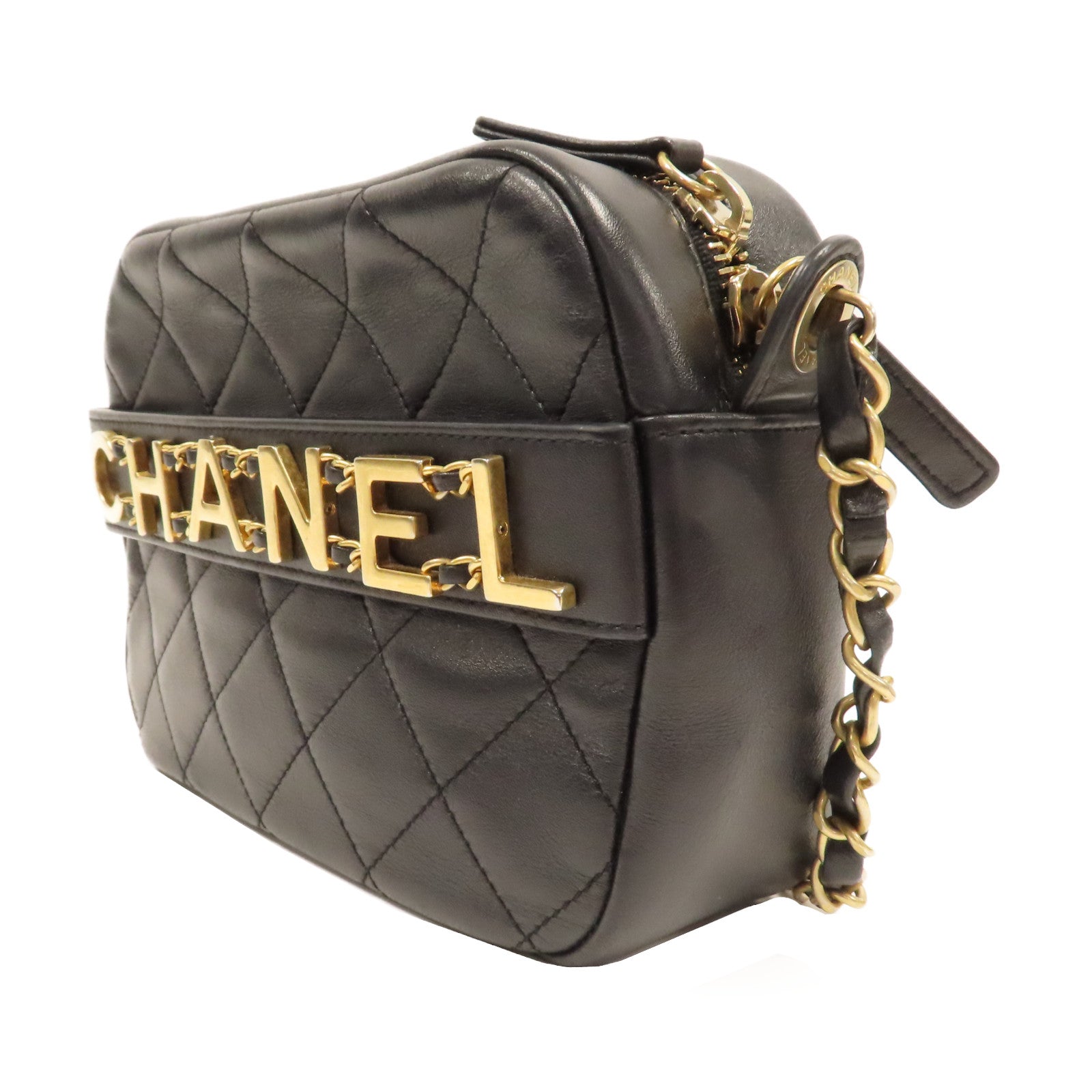 CHANEL 【激減優惠】菱格皮革Enchained Camera Bag金扣鏈帶肩背袋黑色