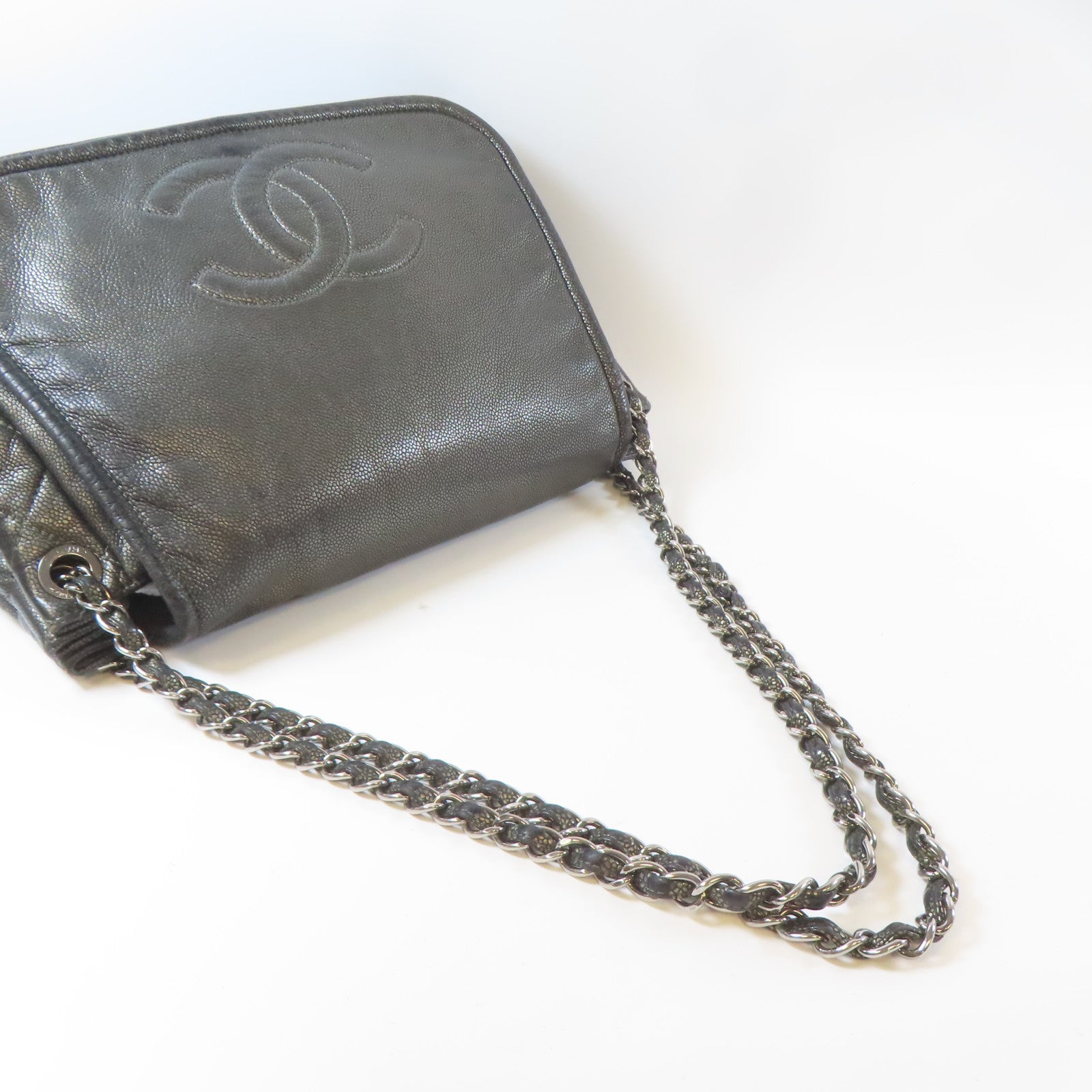 CHANEL 【激減優惠】牛皮皮革Chain Shoulder Bag銀扣鏈帶肩背袋灰色