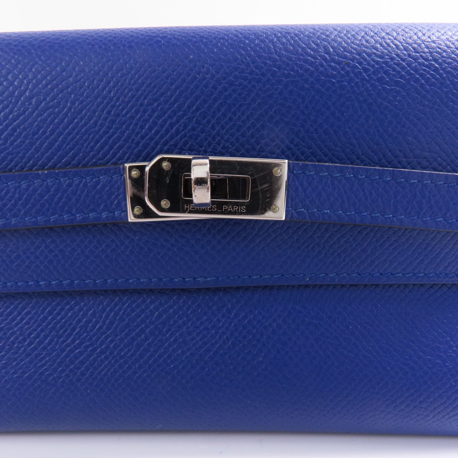 HERMES Epsom皮革Kelly Wallet銀扣長錢包Bleu Electrique