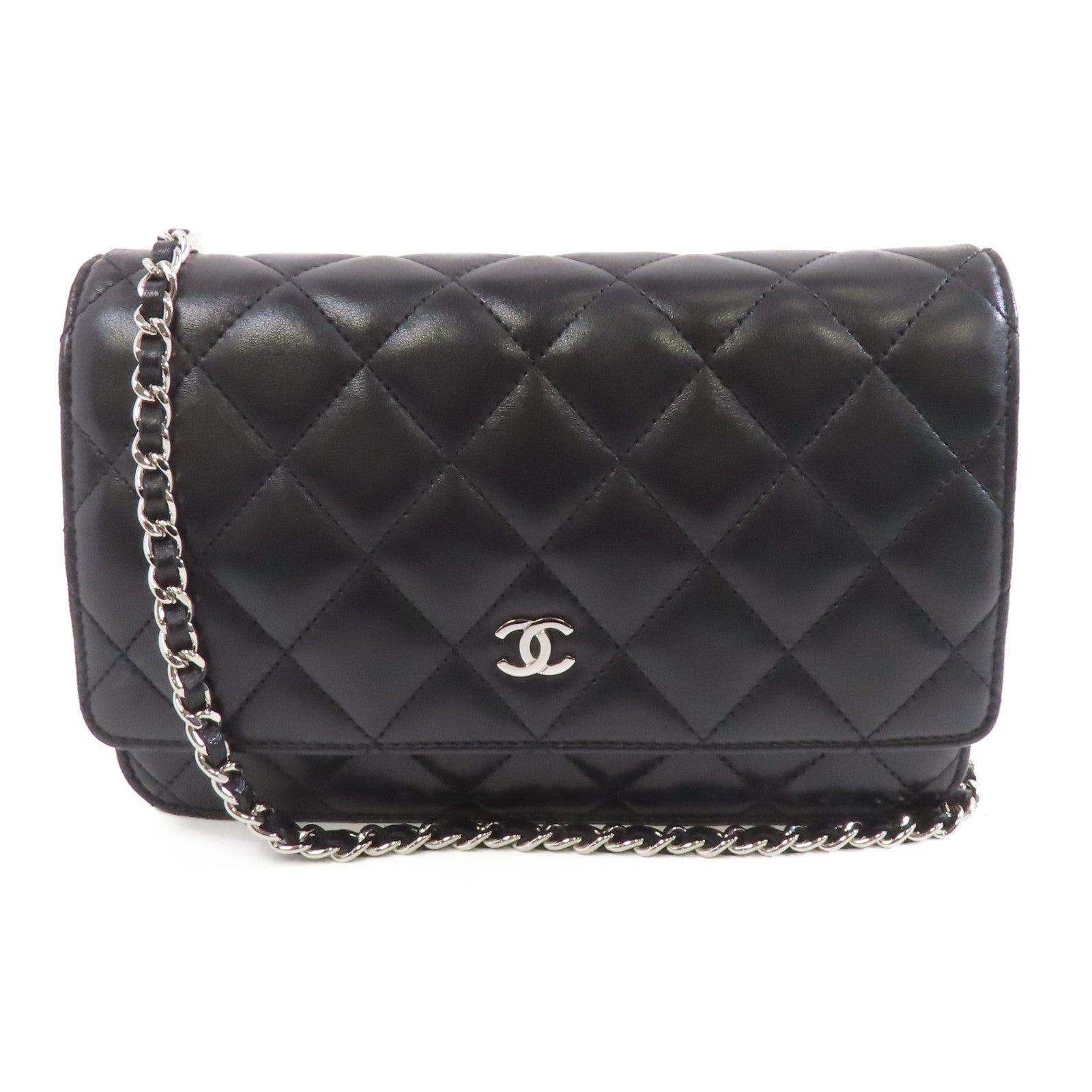 CHANEL 菱格羊皮皮革Wallet On Chain銀扣鏈帶肩背袋黑色