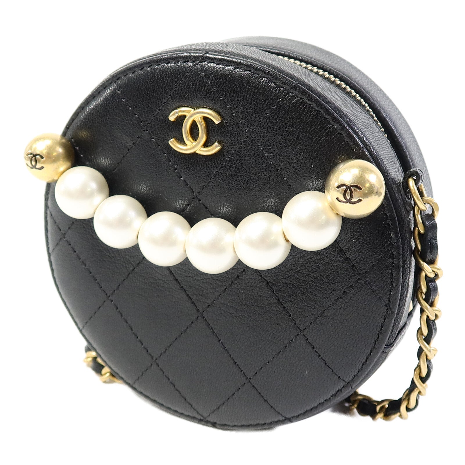 CHANEL 牛皮皮革Round Pear Bag金扣鏈帶肩背袋