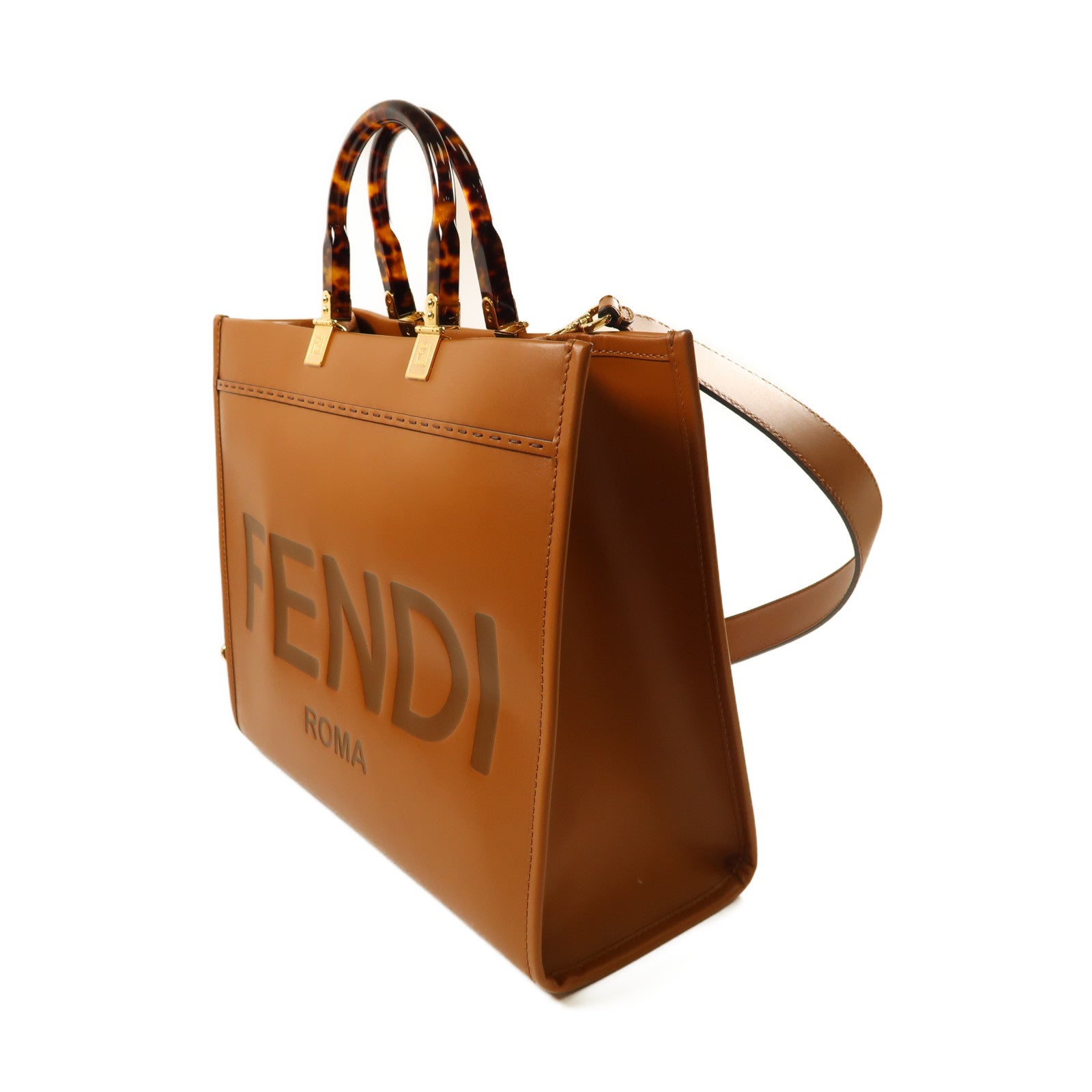 FENDI 牛皮皮革Sunshine Tote金扣手挽肩背兩用袋啡色