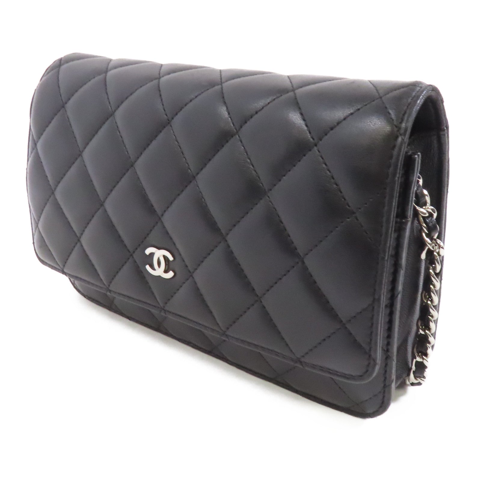 CHANEL 菱格羊皮皮革Wallet On Chain銀扣鏈帶肩背袋黑色