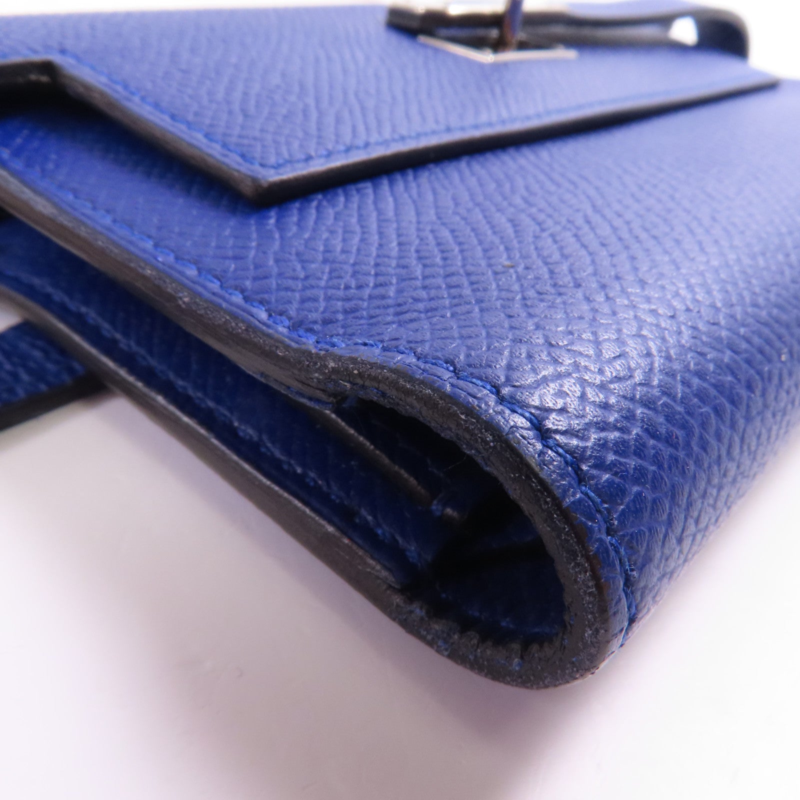 HERMES Epsom皮革Kelly Wallet銀扣長錢包Bleu Electrique