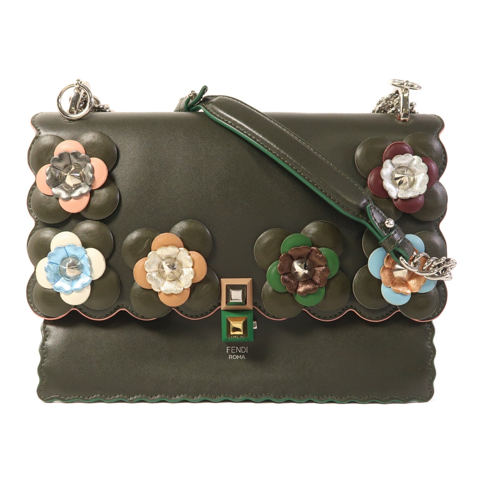 FENDI 牛皮皮革Flowerland Kan I銀扣鏈帶肩背袋