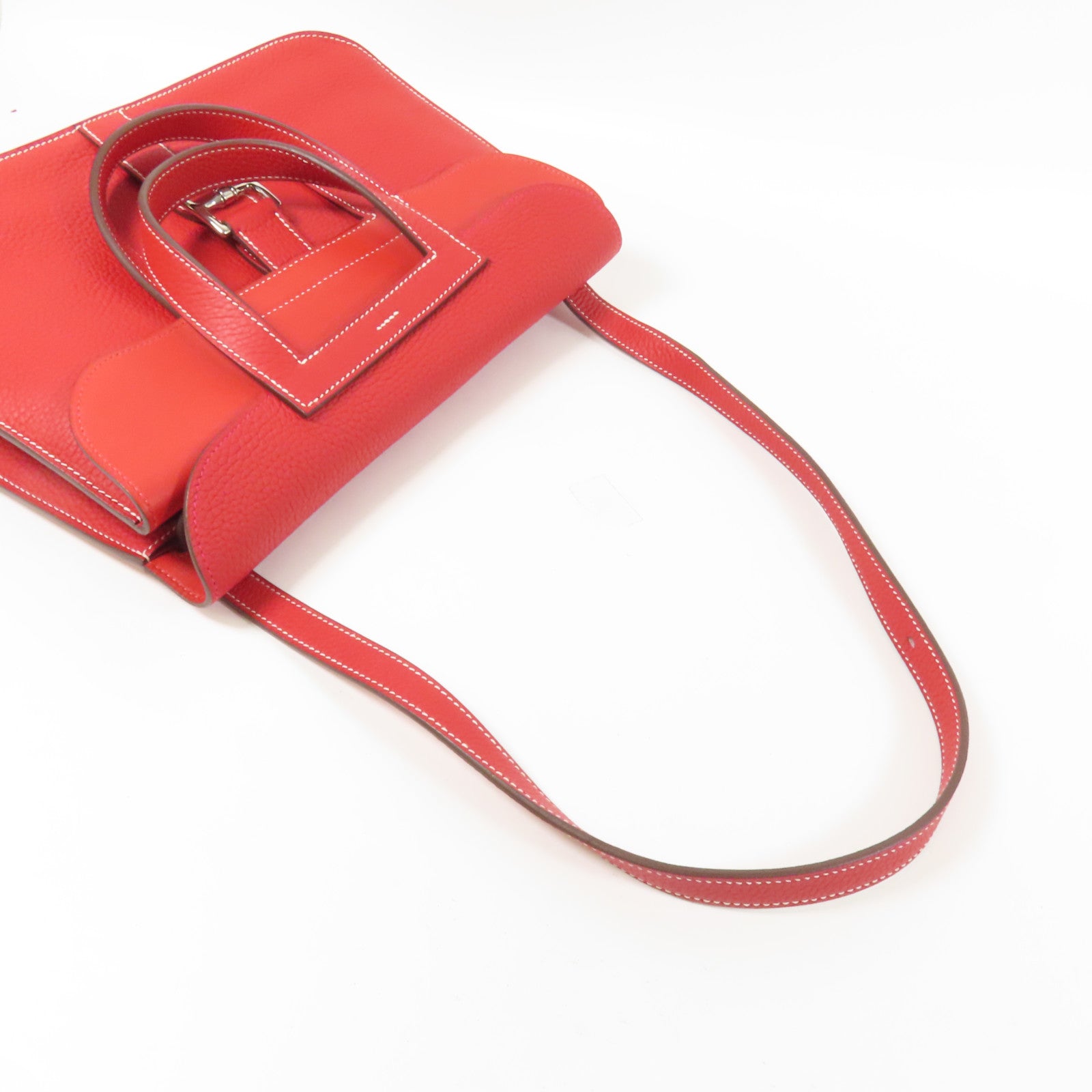 HERMES Clemence皮革Halzan 31銀扣手挽肩背兩用袋Rouge Casaque
