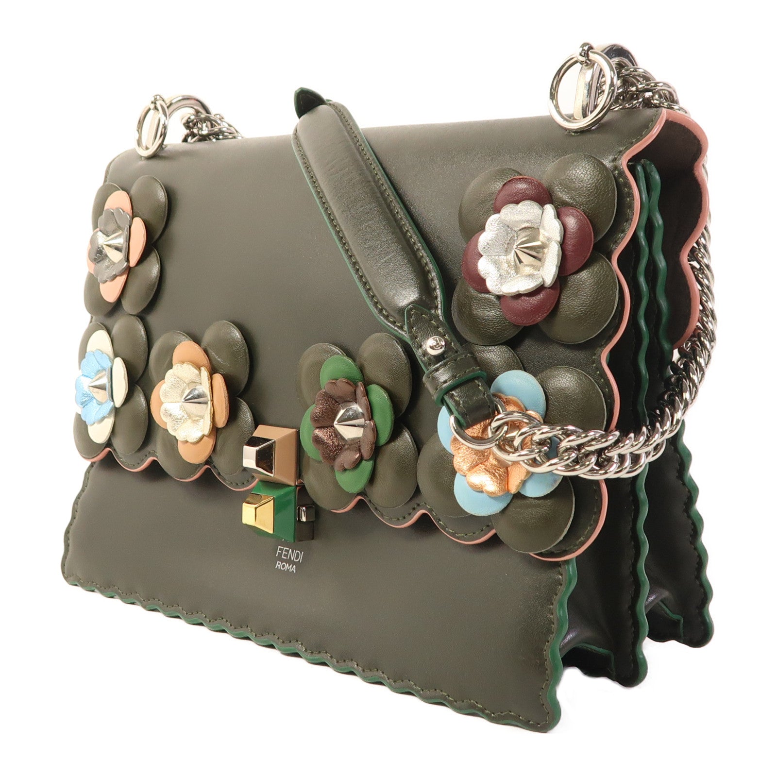 FENDI 牛皮皮革Flowerland Kan I銀扣鏈帶肩背袋