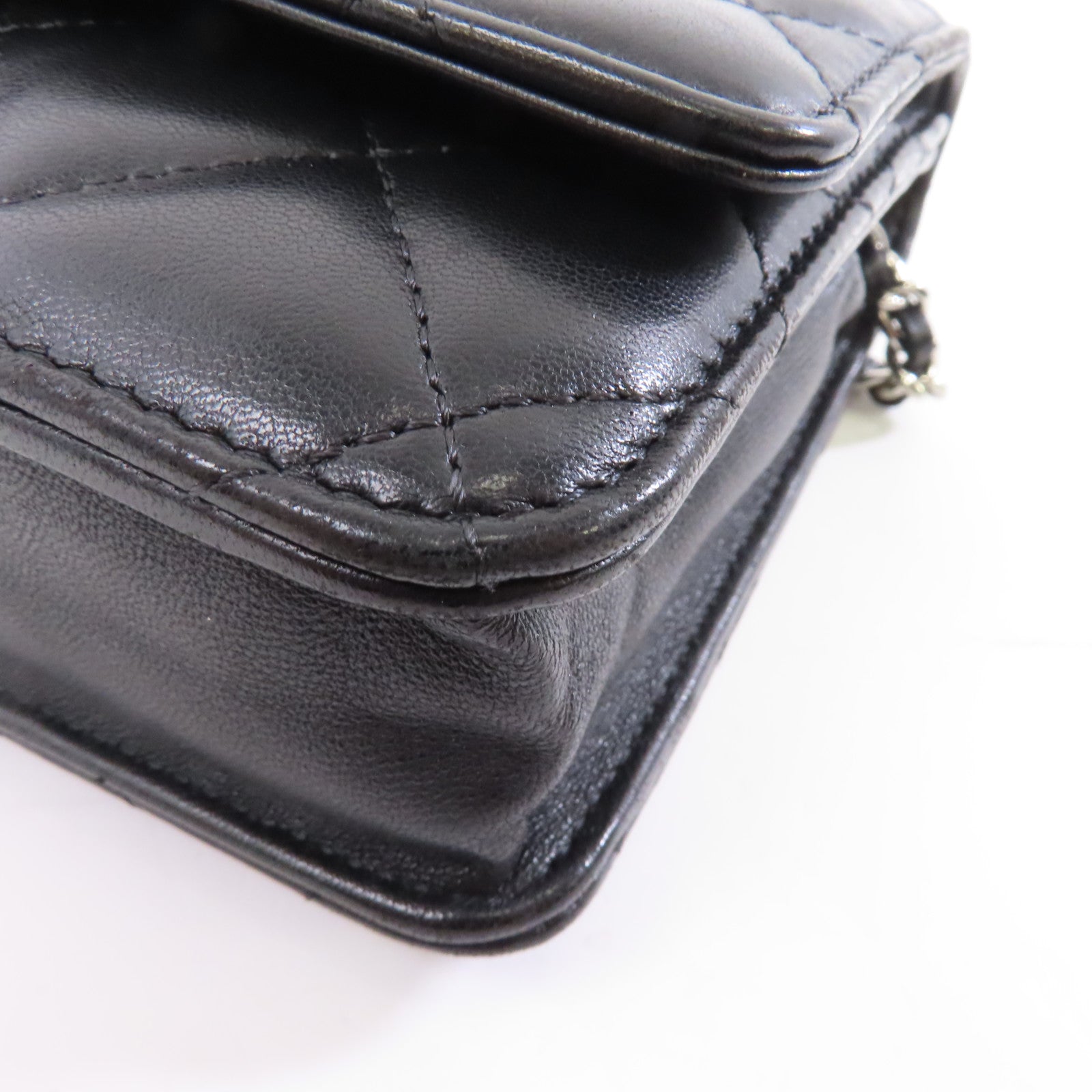 CHANEL 菱格羊皮皮革Wallet On Chain銀扣鏈帶肩背袋黑色