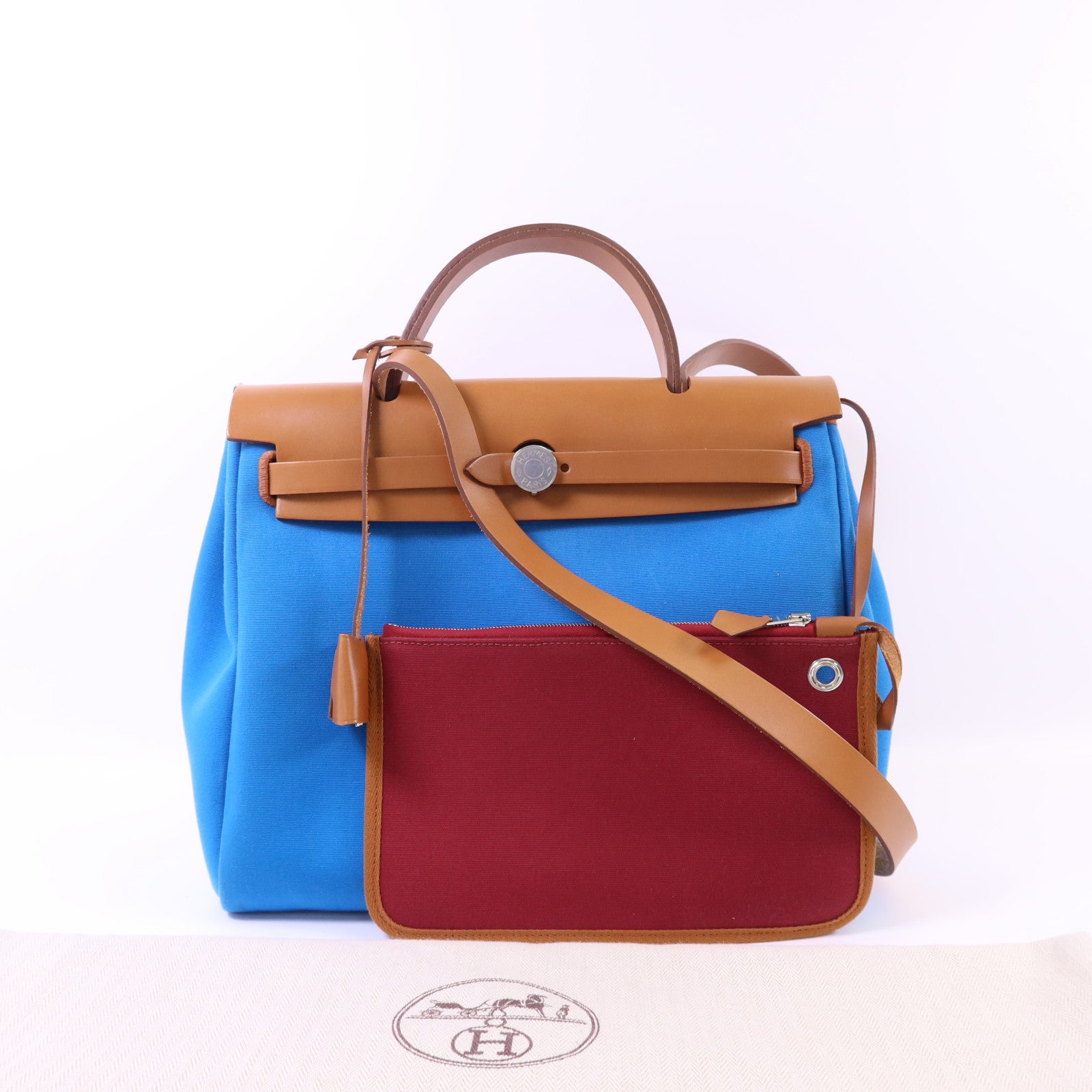 HERMES 帆布Herbag PM銀扣手挽肩背兩用袋Bleu Izmir/Ruby