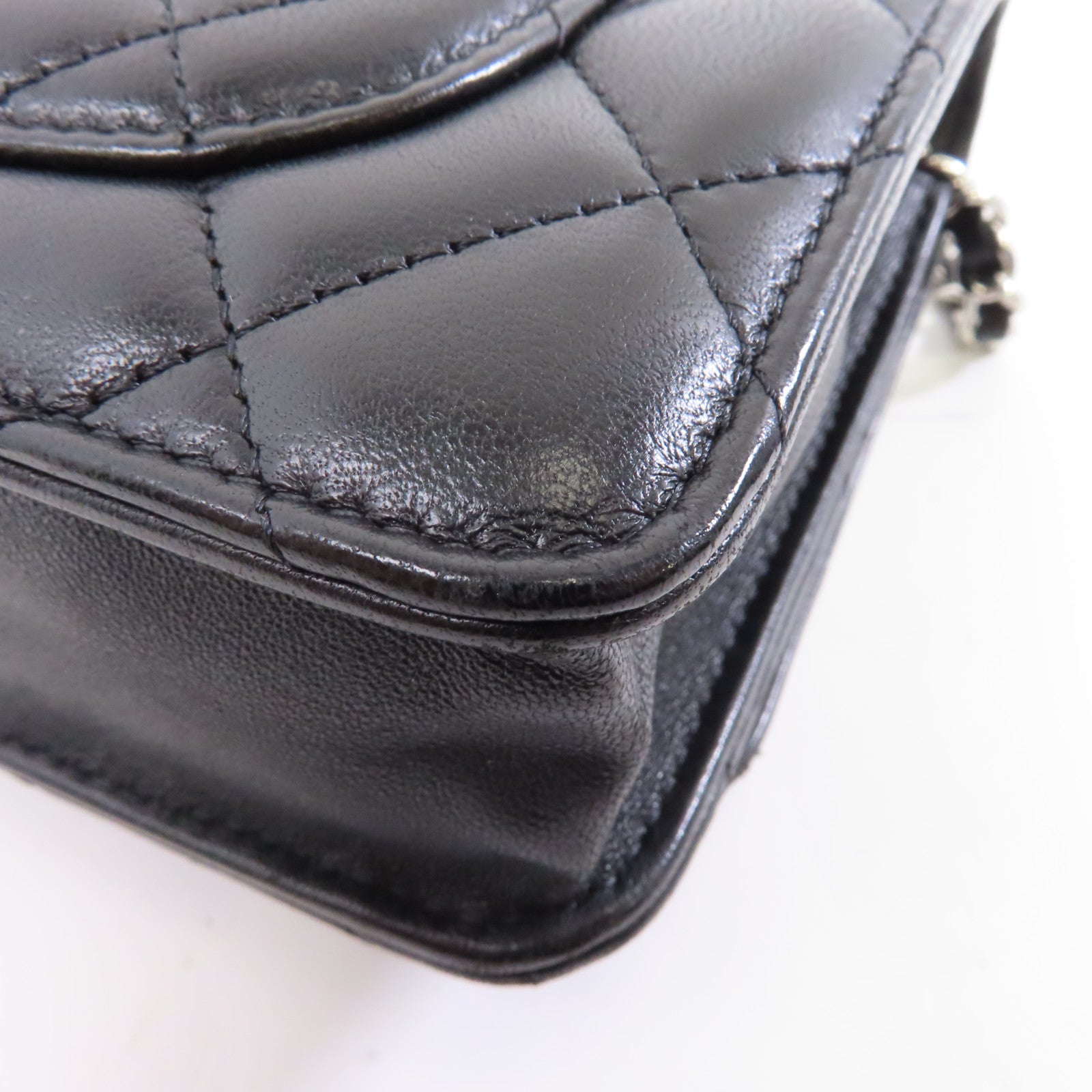 CHANEL 菱格羊皮皮革Wallet On Chain銀扣鏈帶肩背袋黑色