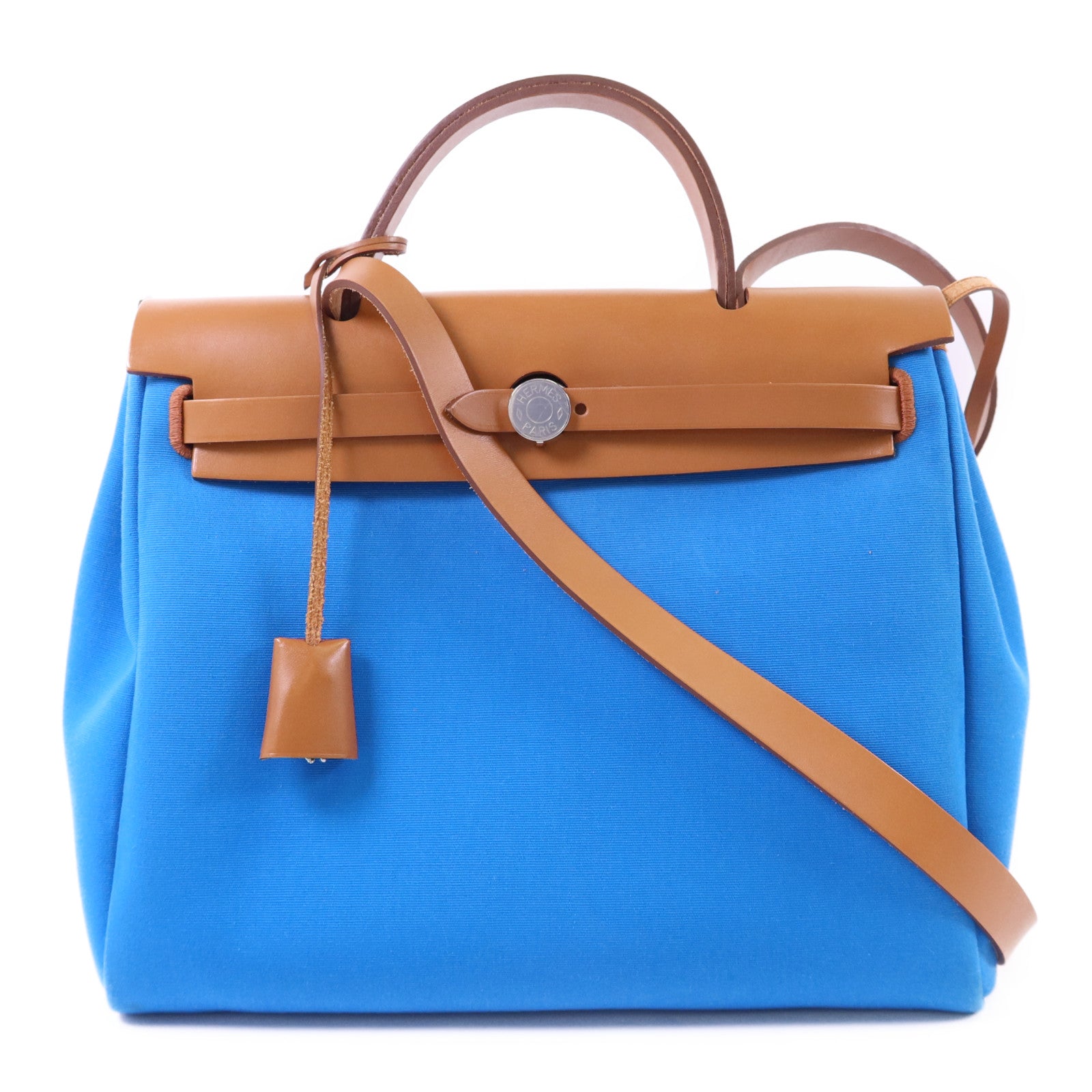 HERMES 帆布Herbag PM銀扣手挽肩背兩用袋Bleu Izmir/Ruby