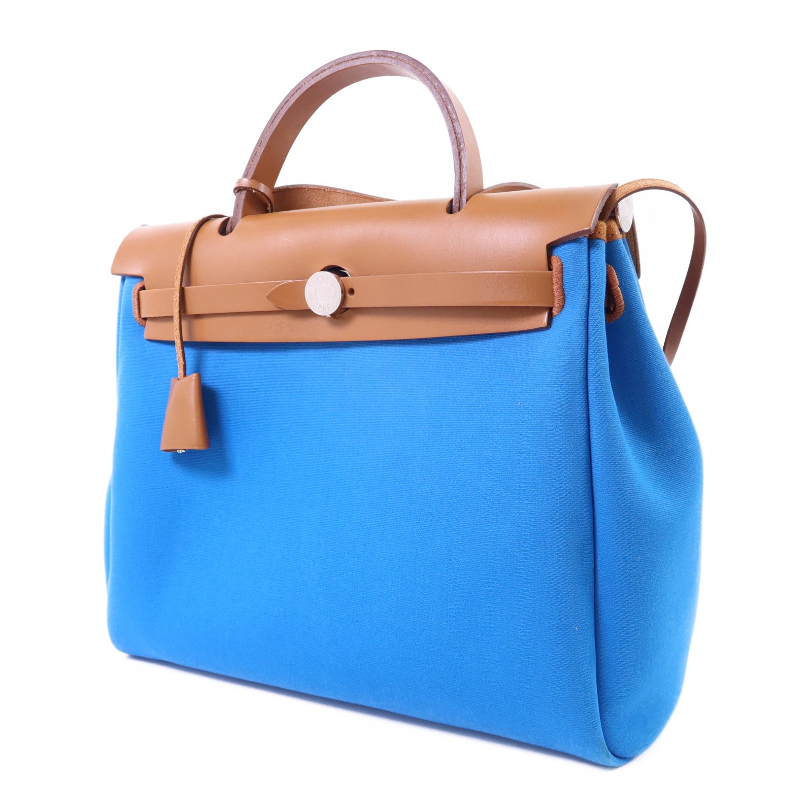 HERMES 帆布Herbag PM銀扣手挽肩背兩用袋Bleu Izmir/Ruby