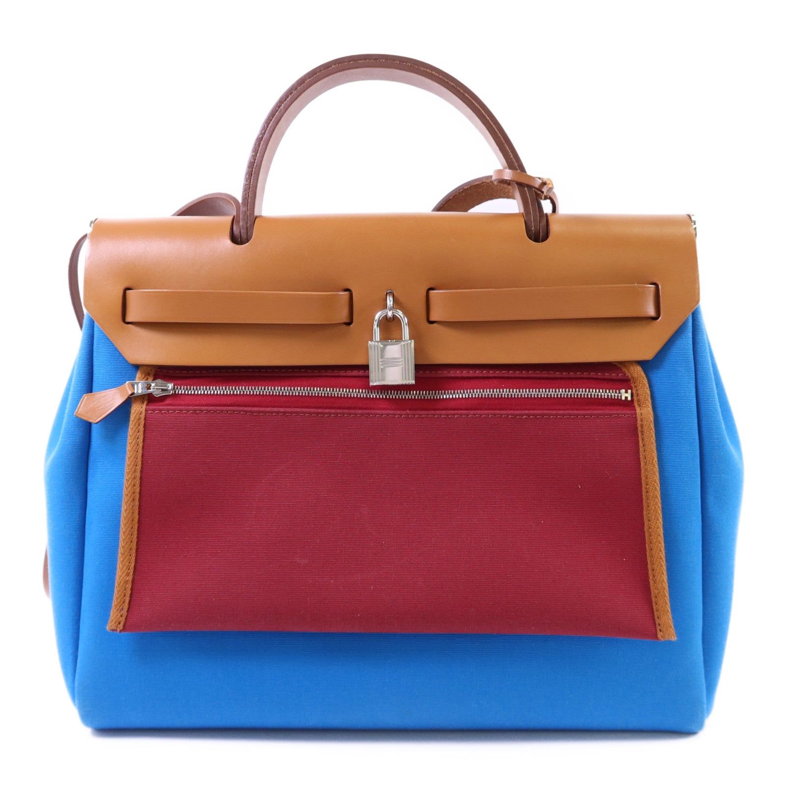 HERMES 帆布Herbag PM銀扣手挽肩背兩用袋Bleu Izmir/Ruby