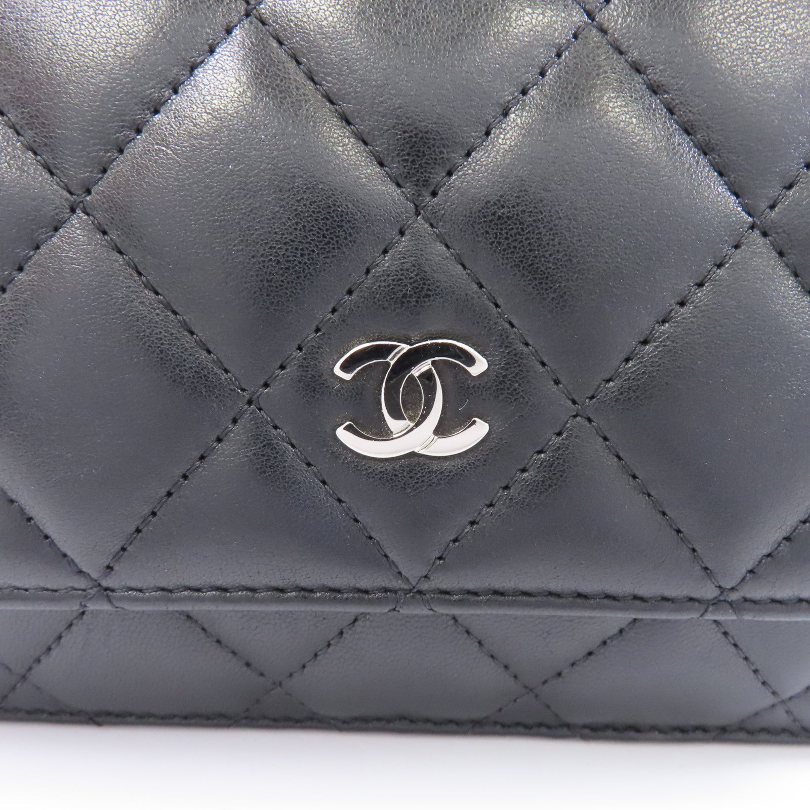CHANEL 菱格羊皮皮革Wallet On Chain銀扣鏈帶肩背袋黑色