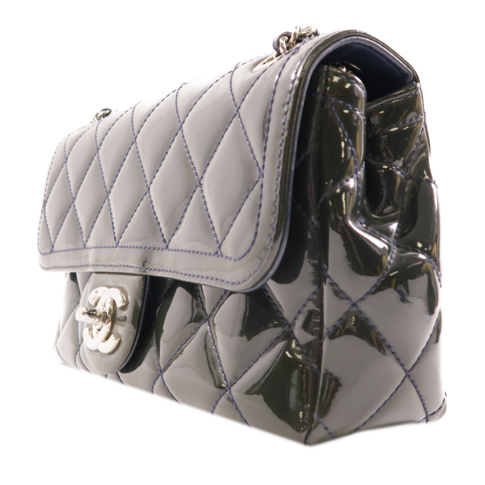 CHANEL 漆皮皮革Chain Shoulder銀扣肩背袋深綠色