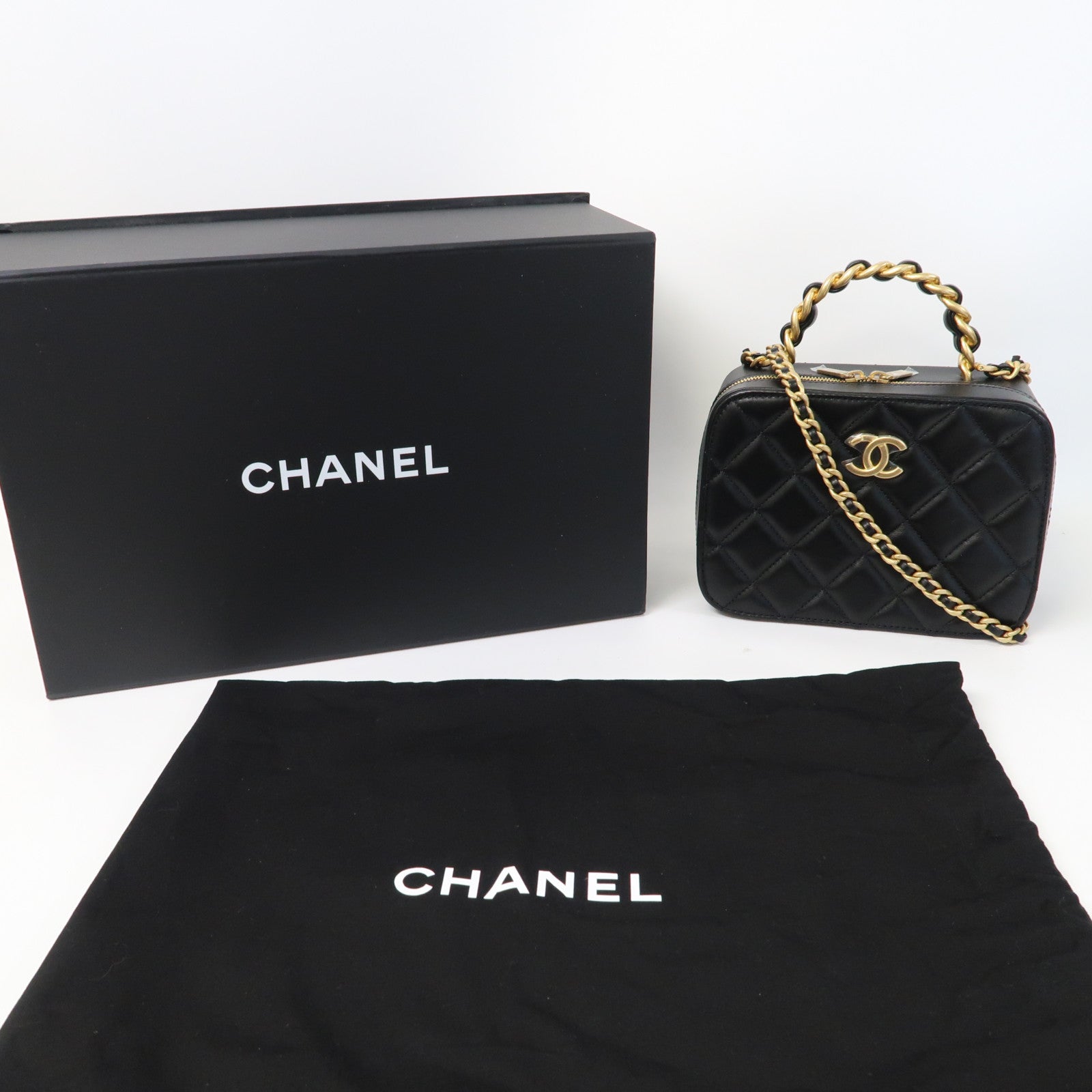 CHANEL 菱格羊皮皮革Shoulder Bag金扣手挽肩背兩用袋黑色