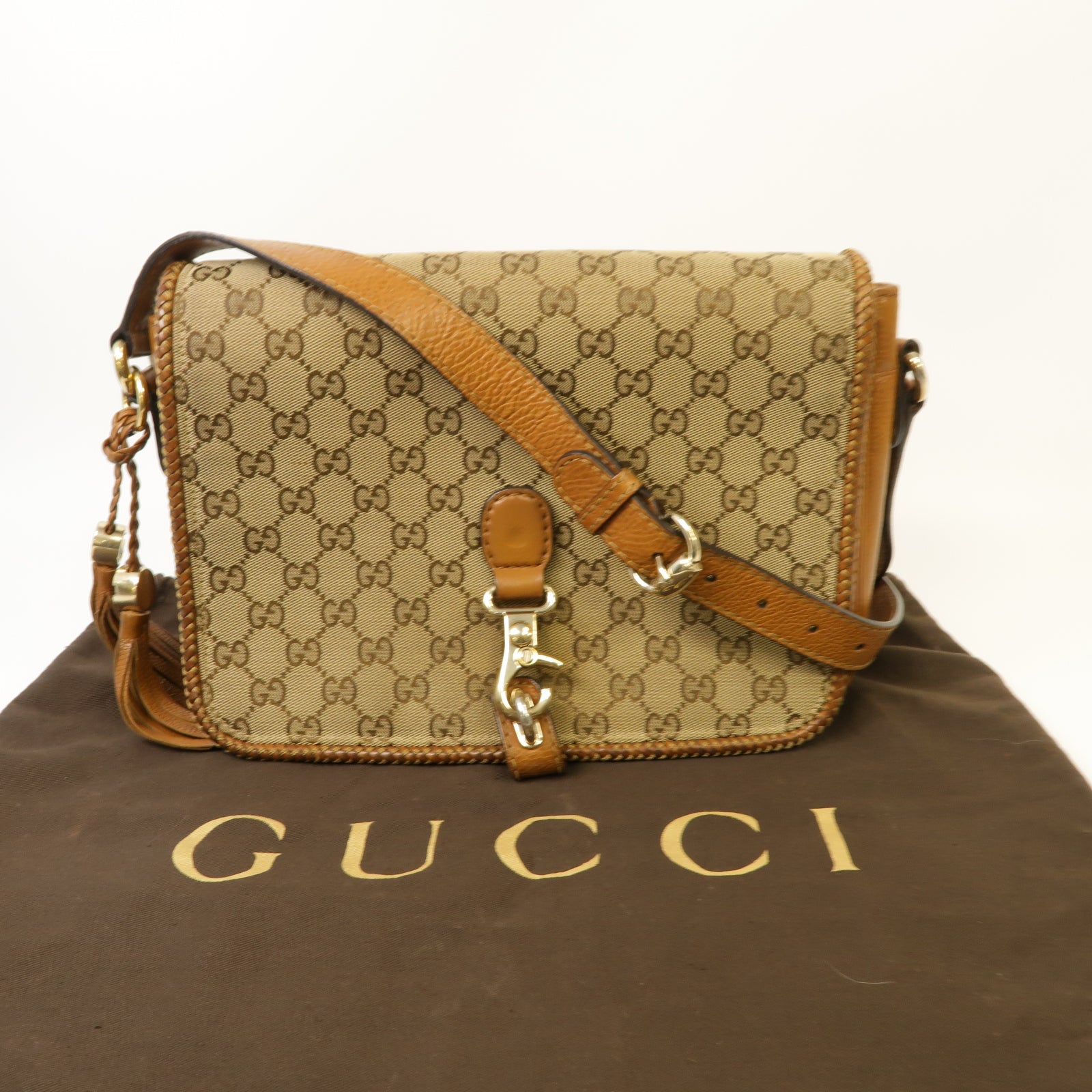 GUCCI 帆布/皮革Marrakech Flap Messenger Bag金扣肩背袋啡色