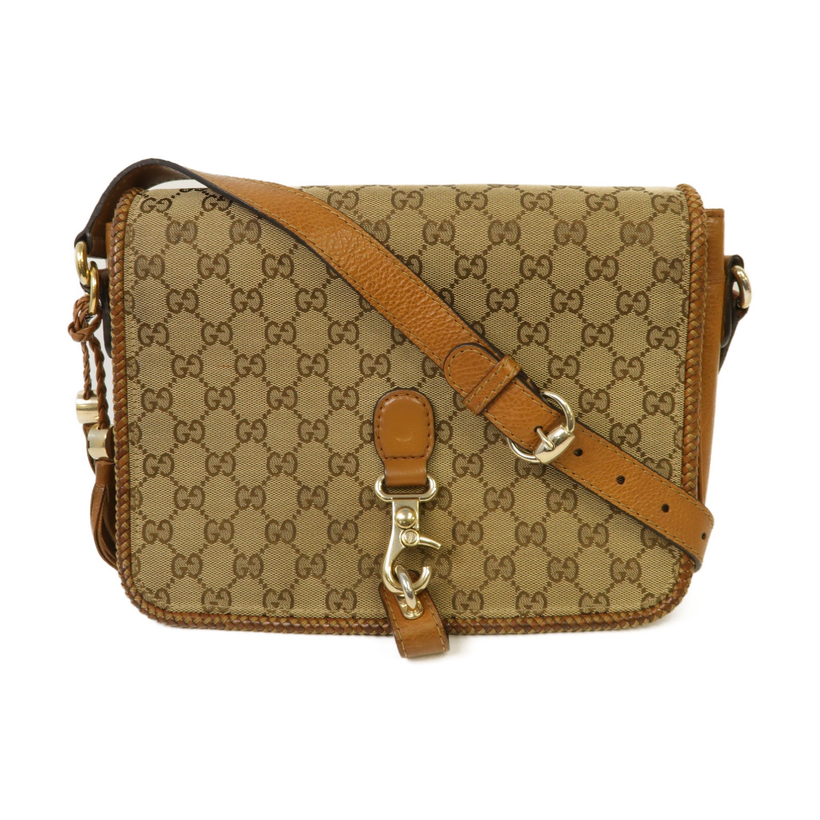 GUCCI 帆布/皮革Marrakech Flap Messenger Bag金扣肩背袋啡色