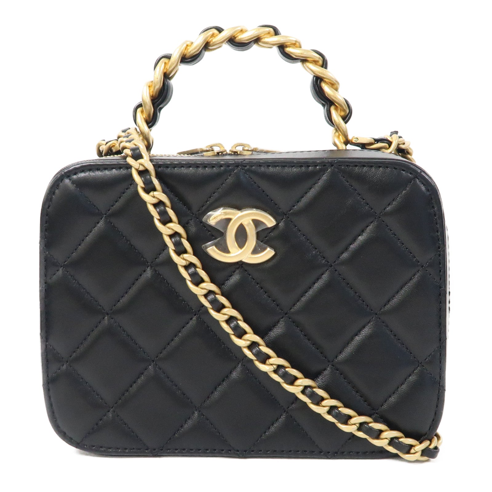 CHANEL 菱格羊皮皮革Shoulder Bag金扣手挽肩背兩用袋黑色