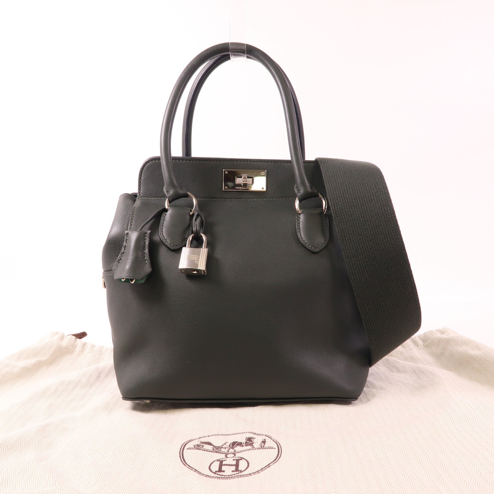 HERMES Evercolor皮革Toolbox 20銀扣手挽肩背兩用袋Vert Fonce