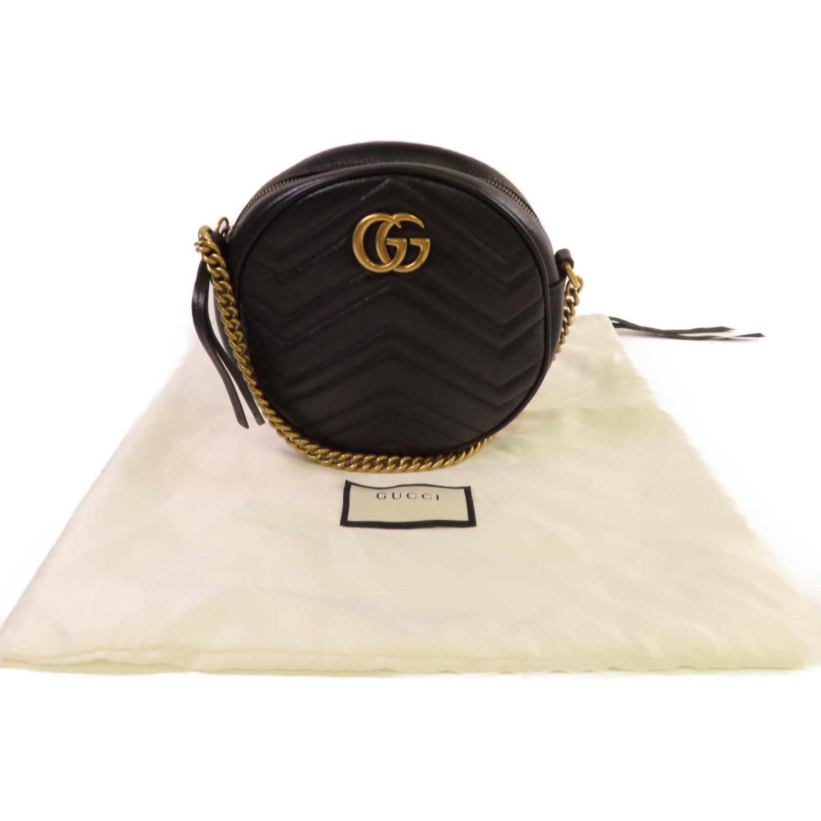 GUCCI 牛皮皮革GG Marmont Mini Round Shoulder Bag金扣肩背袋黑色