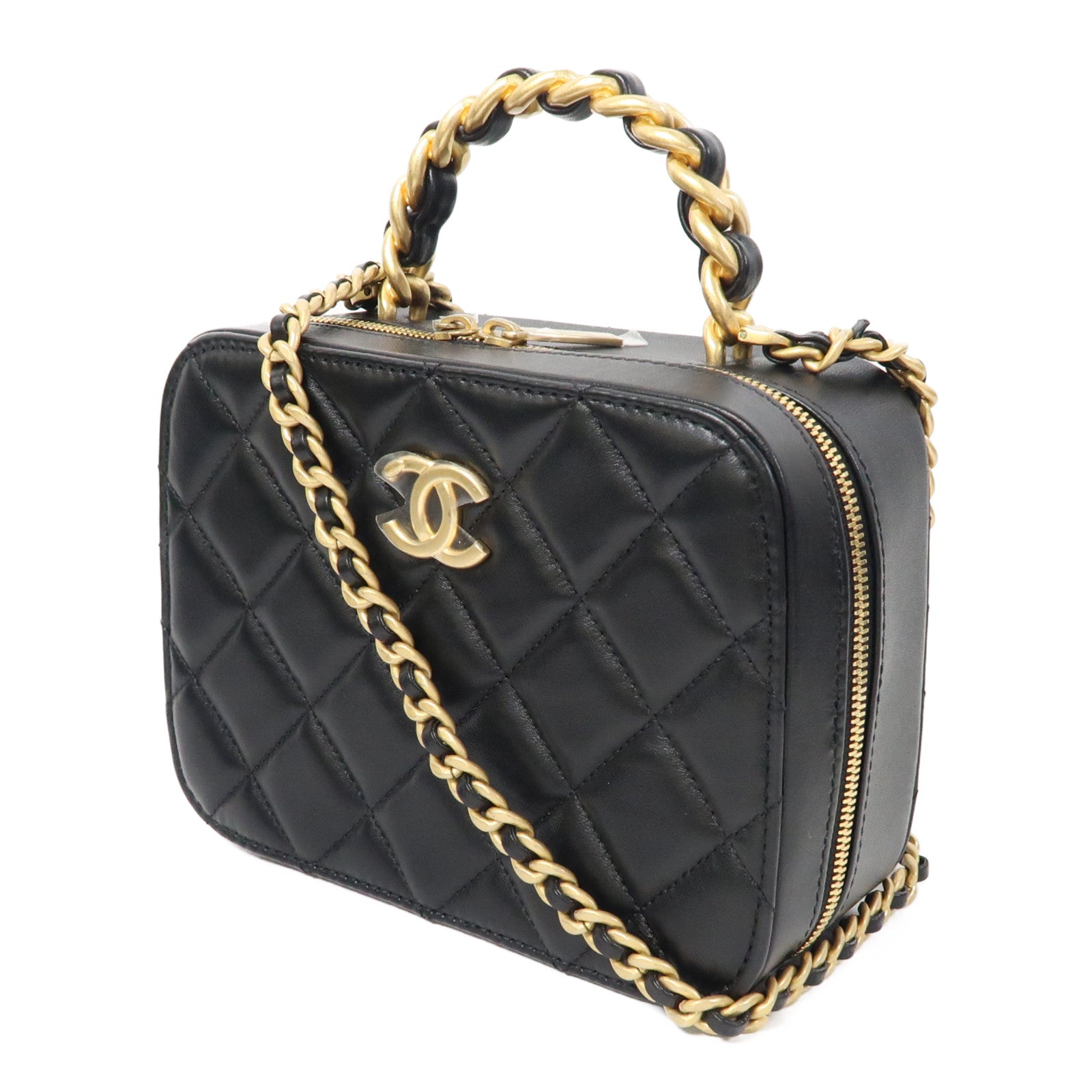 CHANEL 菱格羊皮皮革Shoulder Bag金扣手挽肩背兩用袋黑色