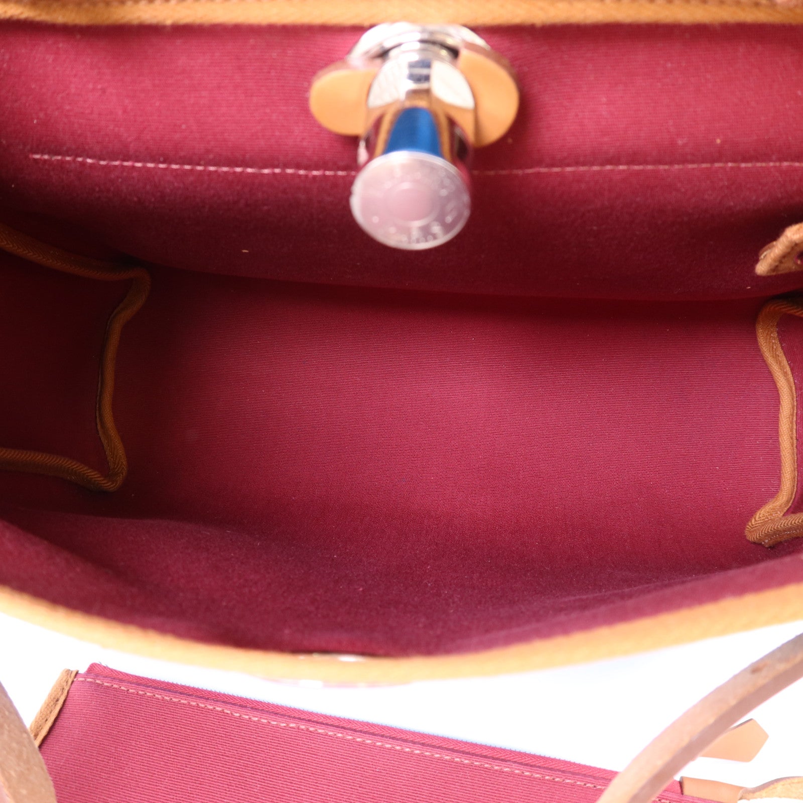 HERMES 帆布Herbag PM銀扣手挽肩背兩用袋Bleu Izmir/Ruby