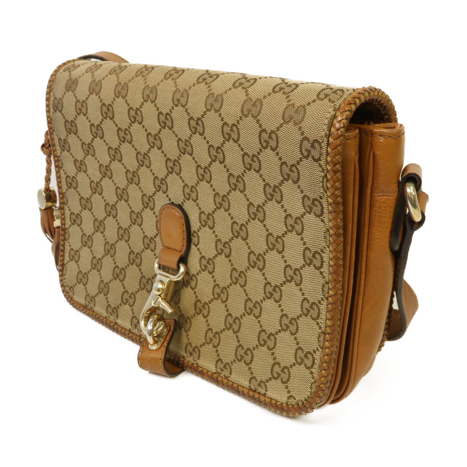 GUCCI 帆布/皮革Marrakech Flap Messenger Bag金扣肩背袋啡色