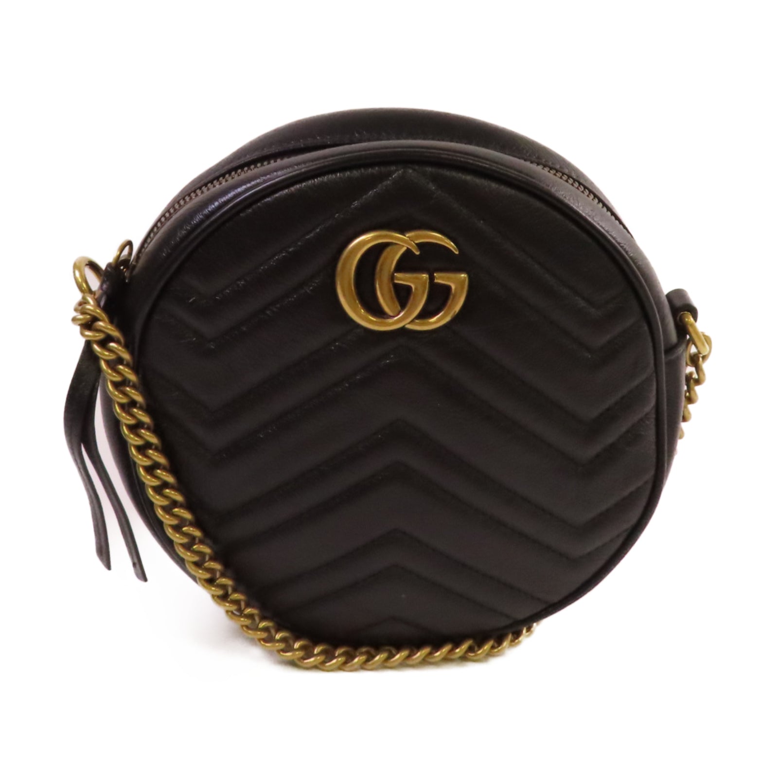 GUCCI 牛皮皮革GG Marmont Mini Round Shoulder Bag金扣肩背袋黑色