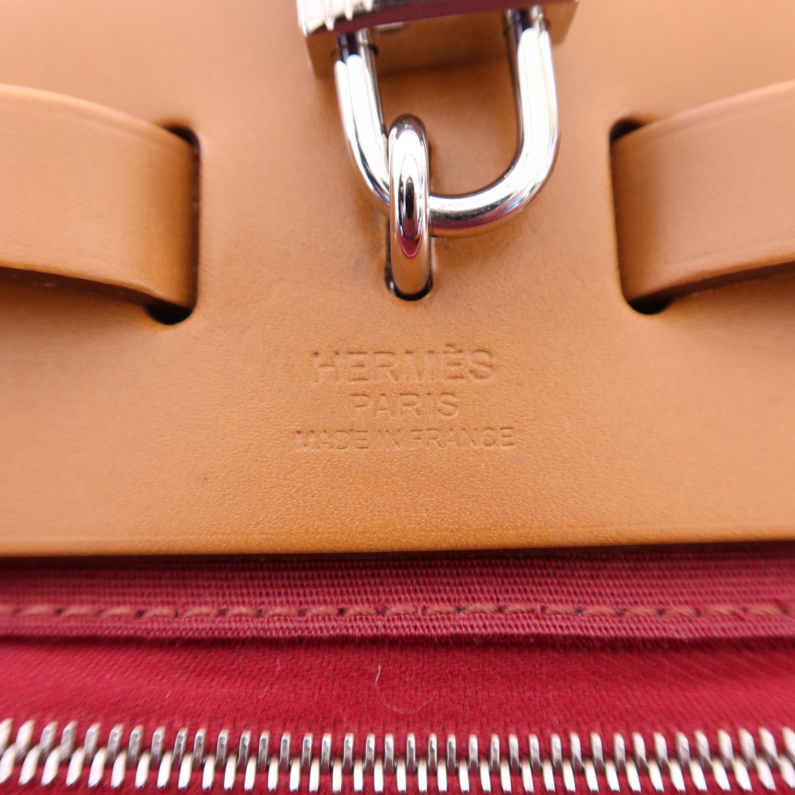 HERMES 帆布Herbag PM銀扣手挽肩背兩用袋Bleu Izmir/Ruby