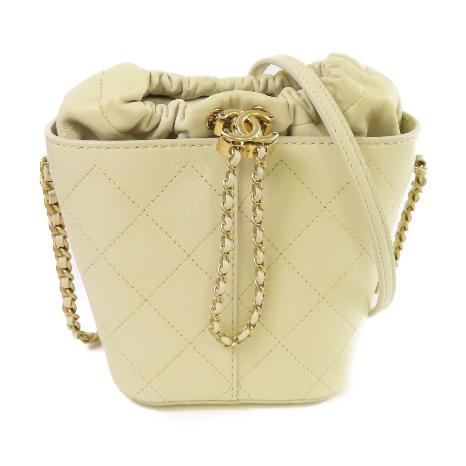 CHANEL 菱格羊皮皮革Bucket Bag金扣鏈帶肩背袋米白色