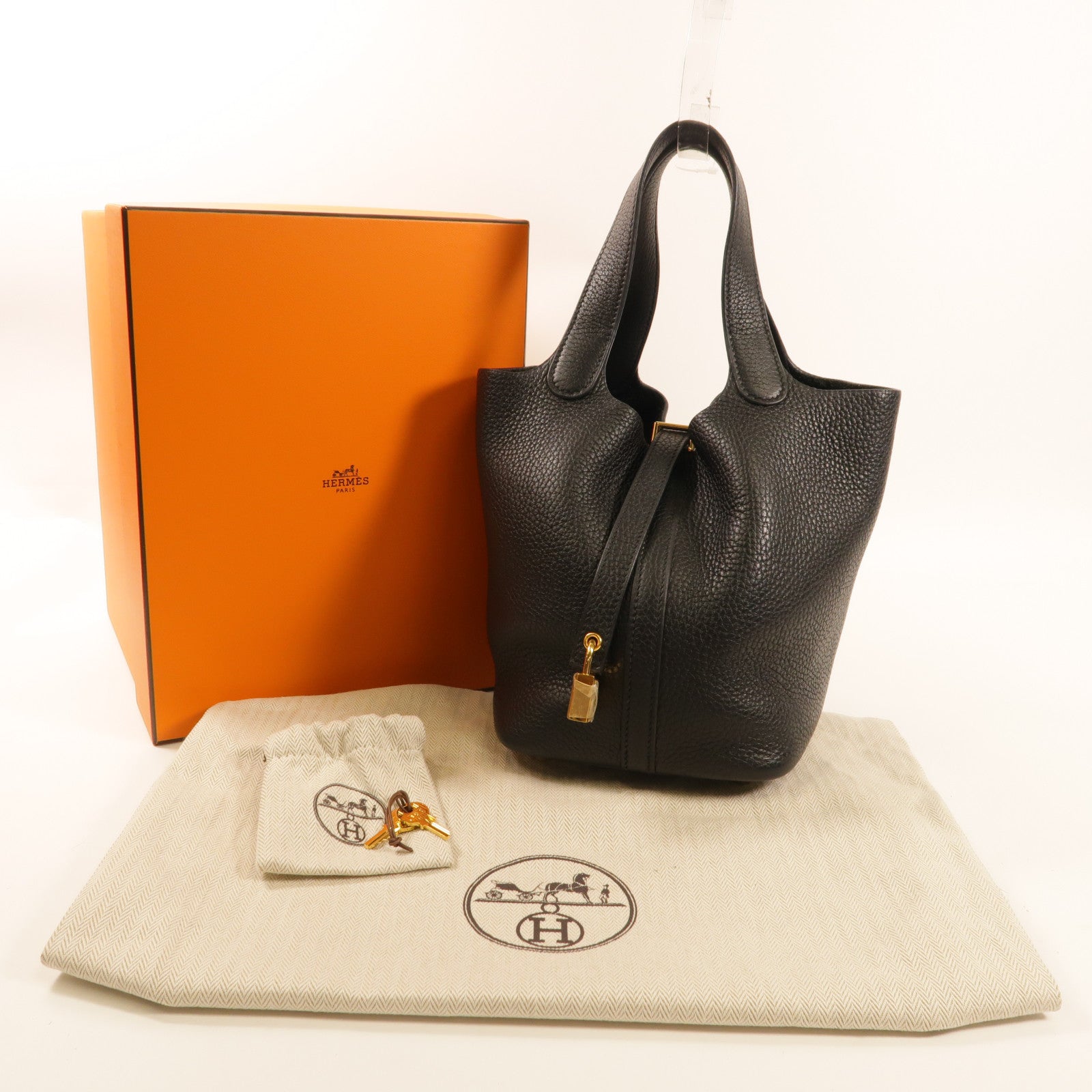 HERMES Clemence皮革Picotin PM手挽袋金扣Noir