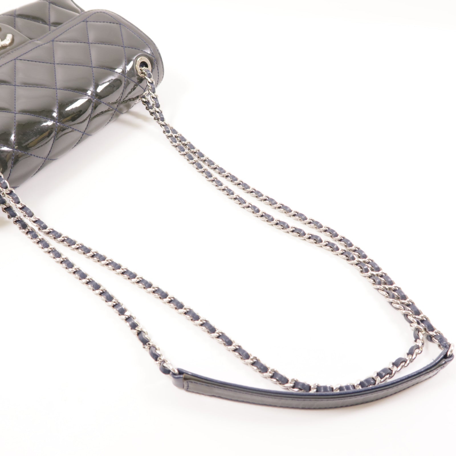 CHANEL 漆皮皮革Chain Shoulder銀扣肩背袋深綠色