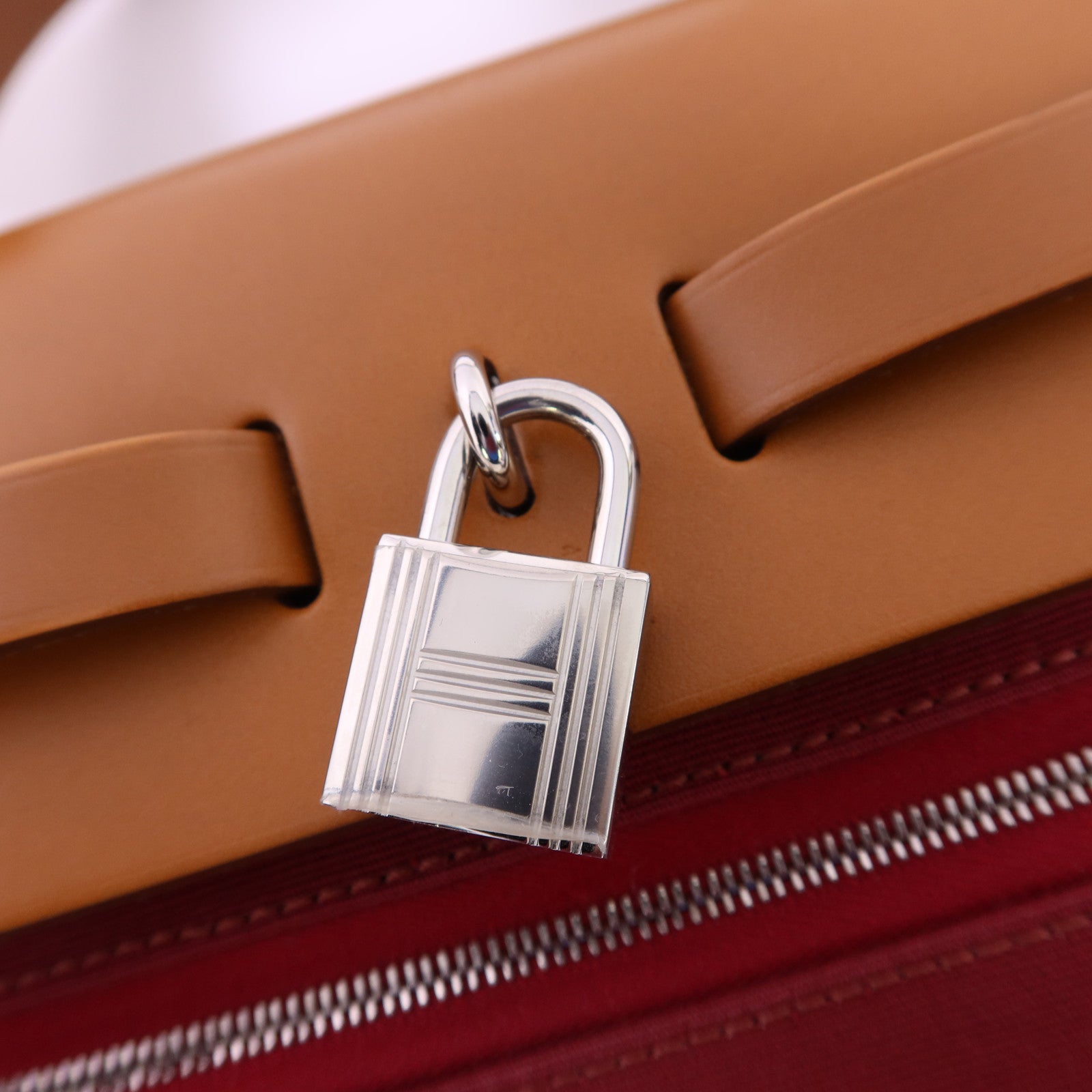 HERMES 帆布Herbag PM銀扣手挽肩背兩用袋Bleu Izmir/Ruby