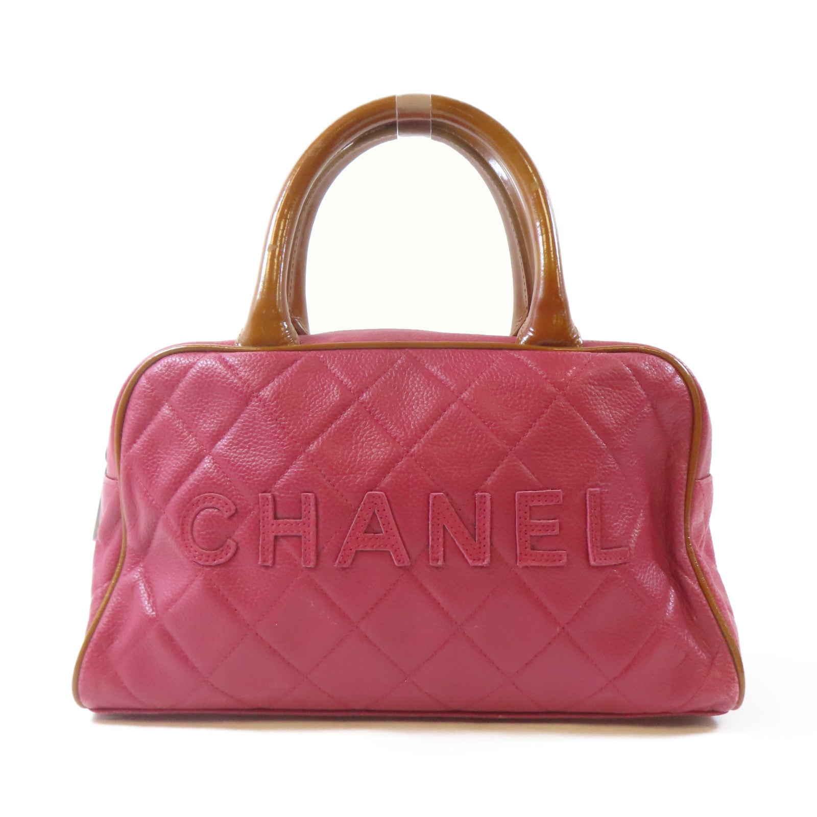 CHANEL 【激減優惠】菱格Caviar皮革Mini Boston黑扣手挽袋紅色