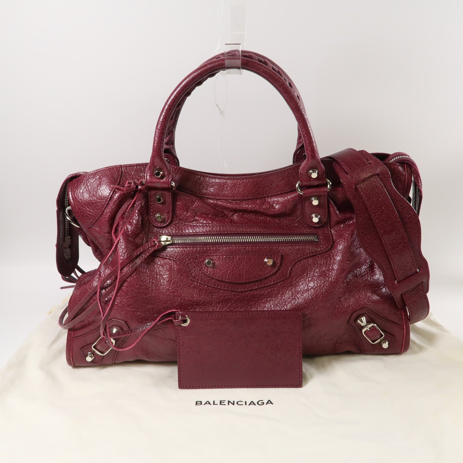 BALENCIAGA 皮革City銀扣手挽肩背兩用袋酒紅色