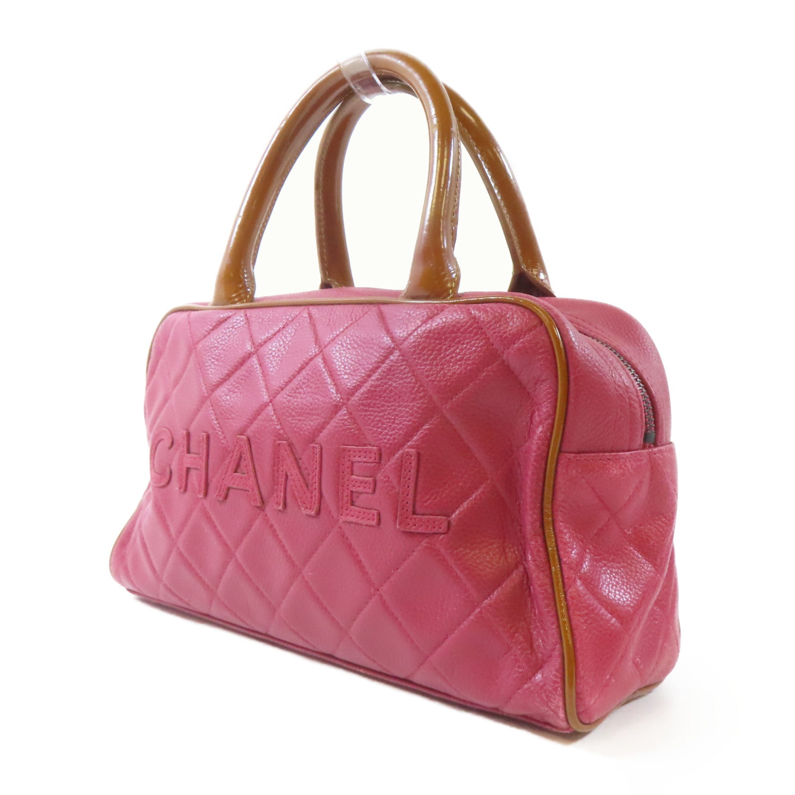 CHANEL 【激減優惠】菱格Caviar皮革Mini Boston黑扣手挽袋紅色
